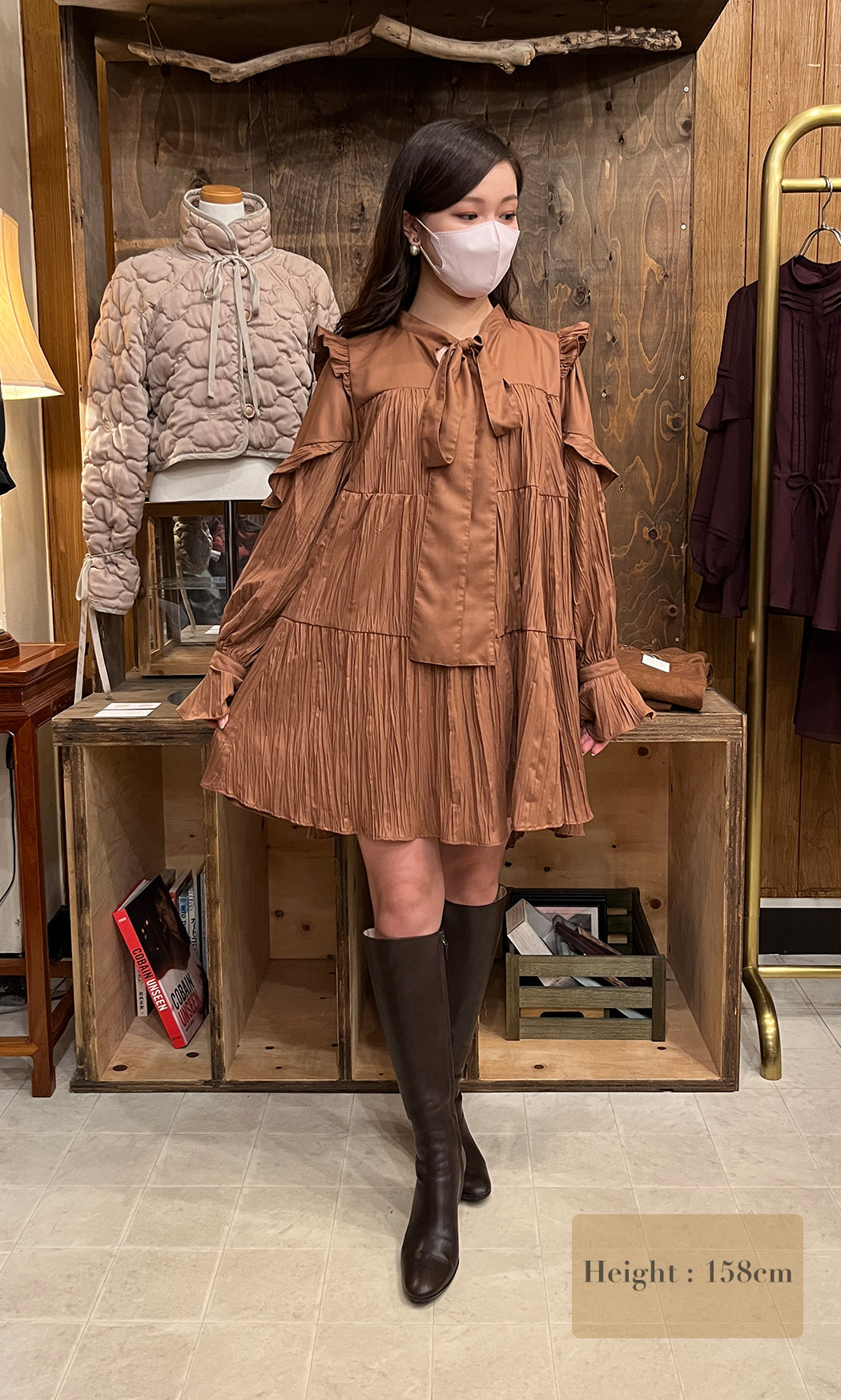 Ribbon tie crinkled mini dress Brown