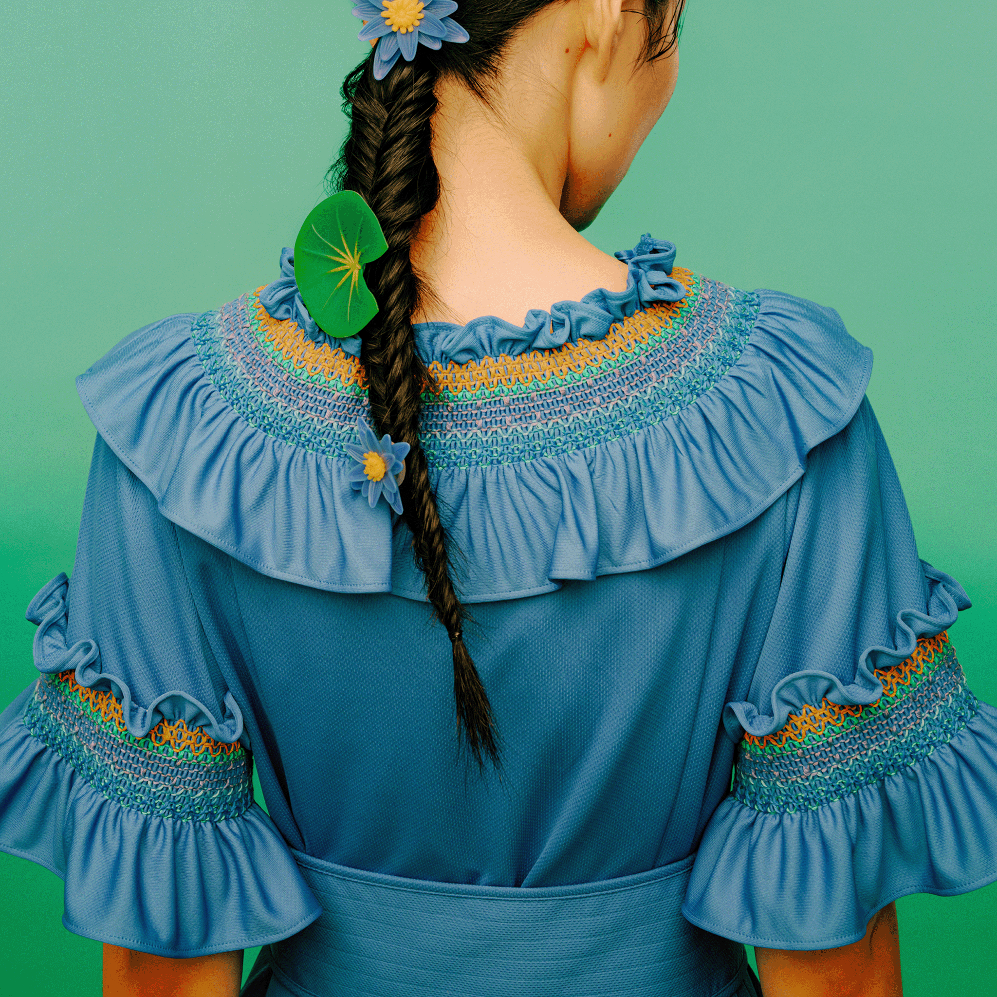 Smocked embroidered jersey dress Blue