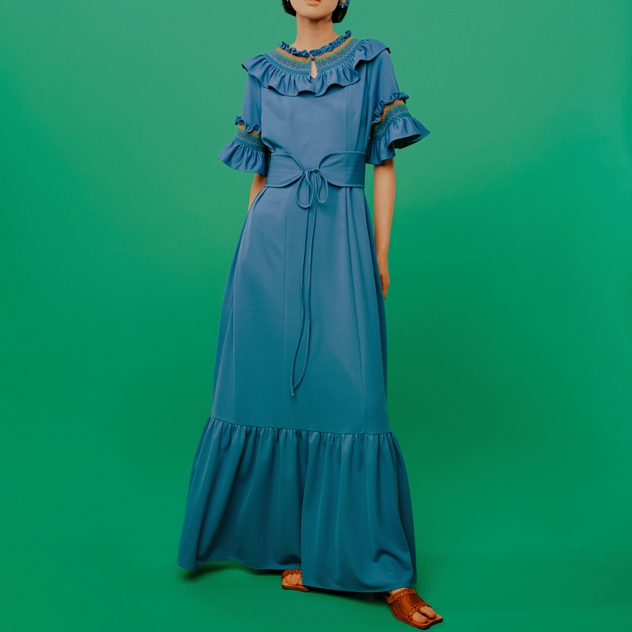 Smocked embroidered jersey dress Blue