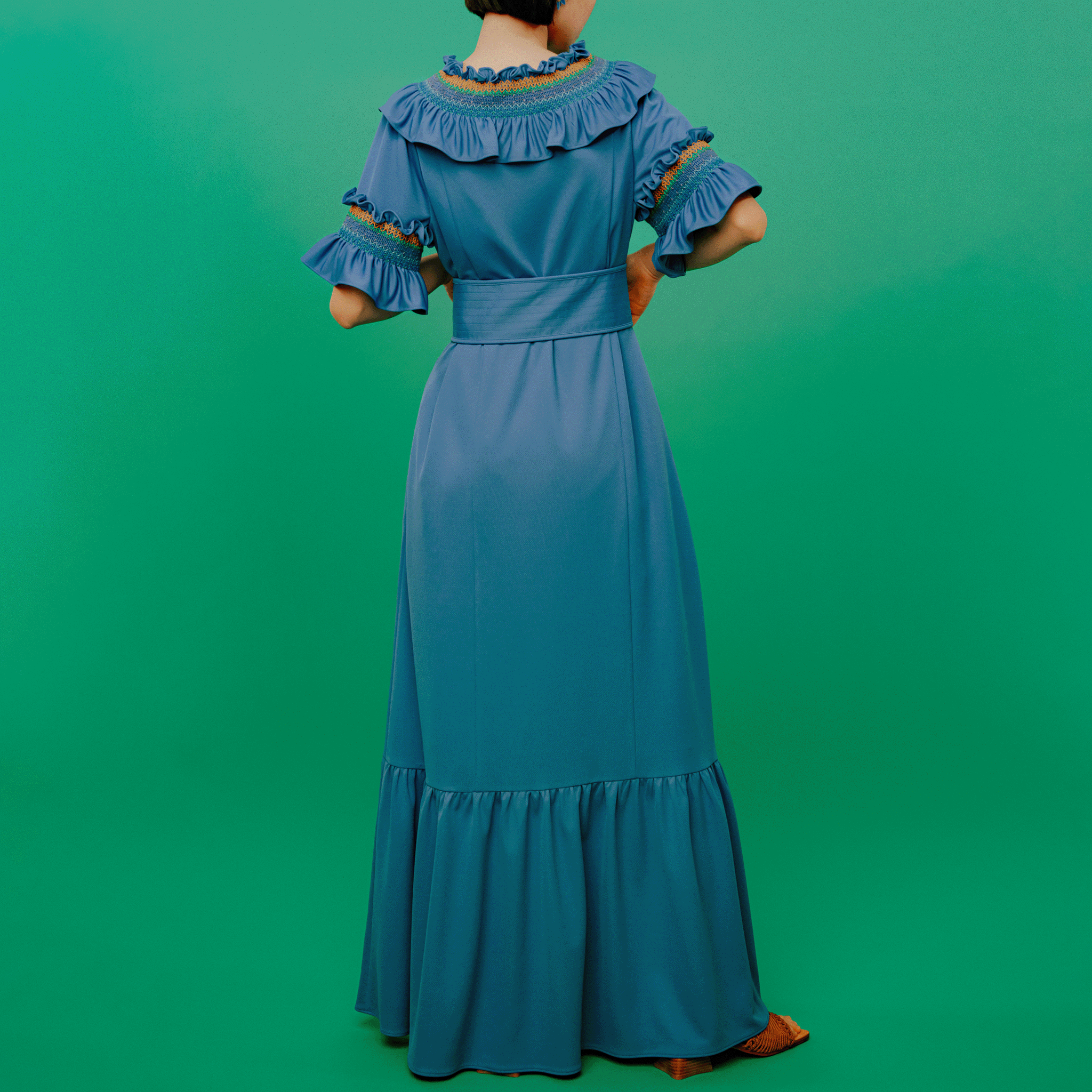 Smocked embroidered jersey dress Blue