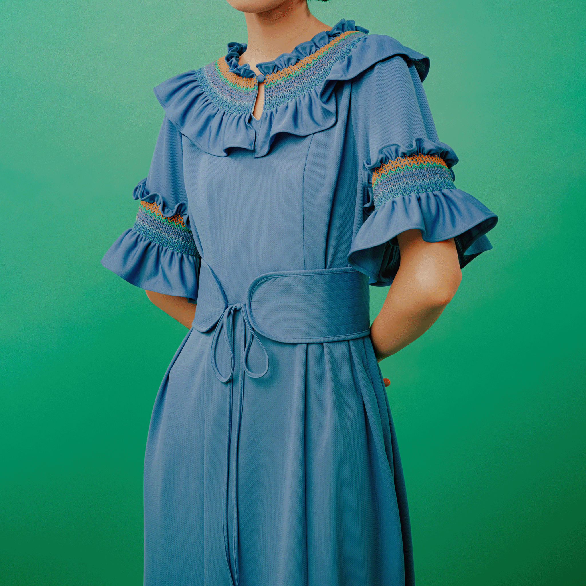 Smocked embroidered jersey dress Blue