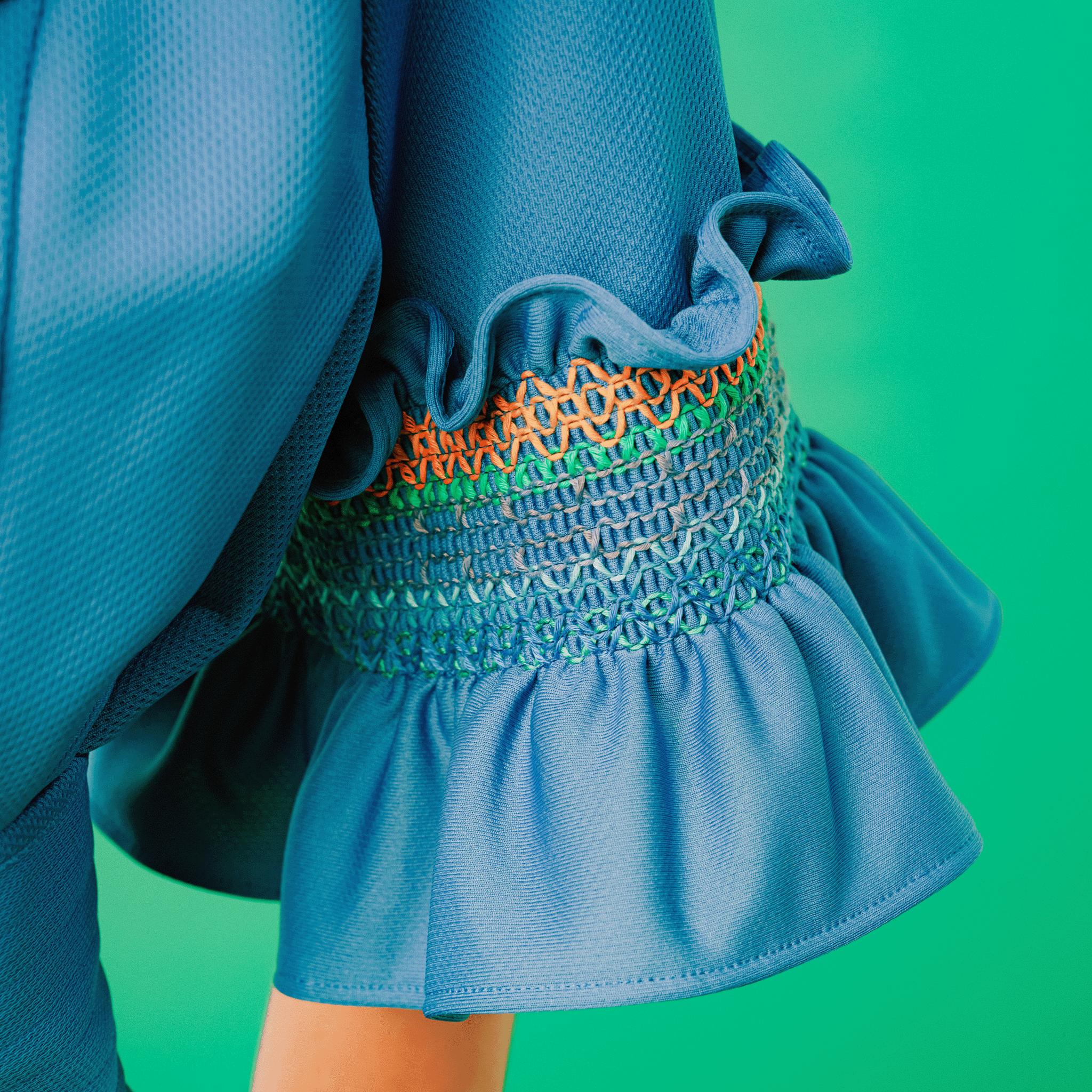 Smocked embroidered jersey dress Blue