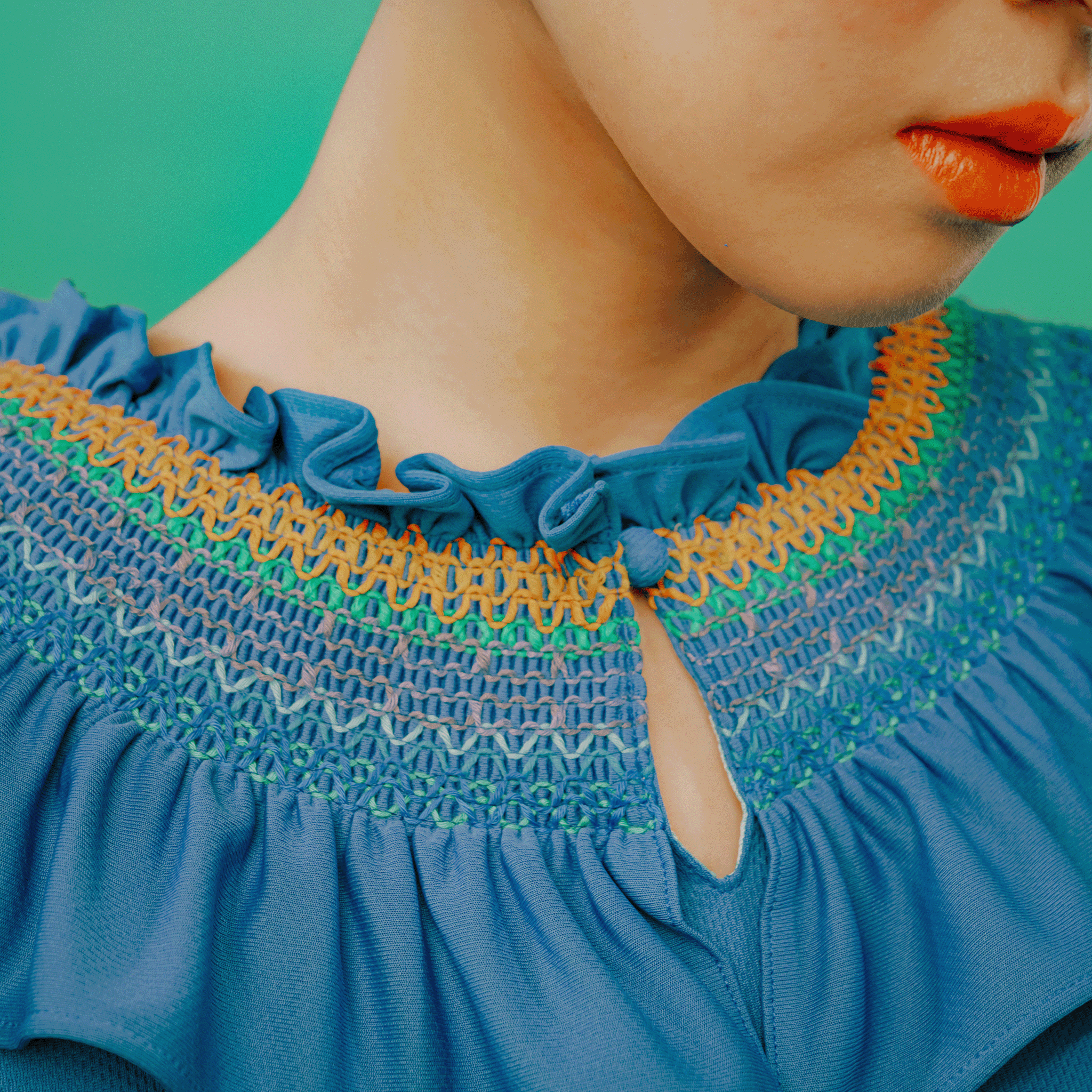 Smocked embroidered jersey dress Blue
