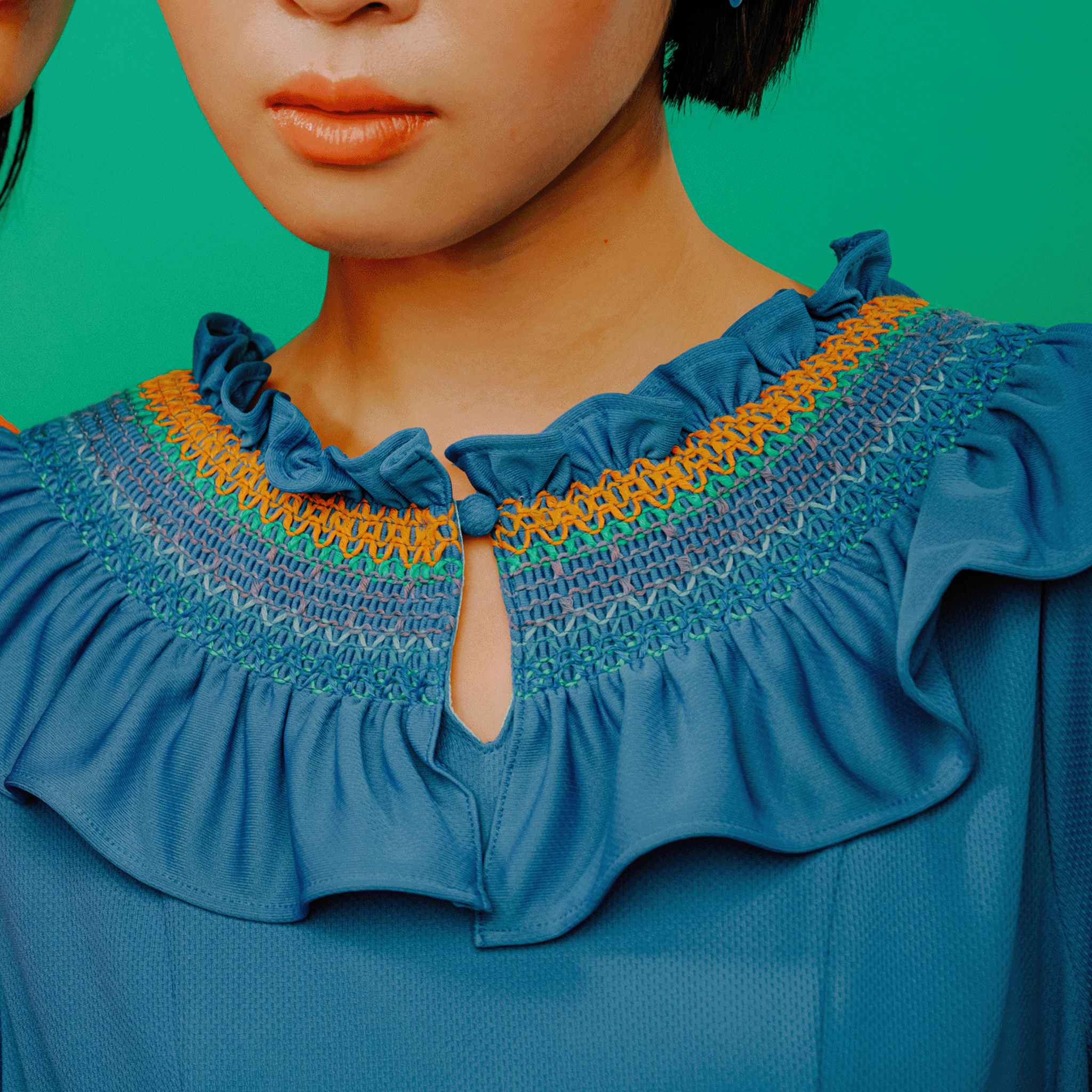 Smocked embroidered jersey dress Blue