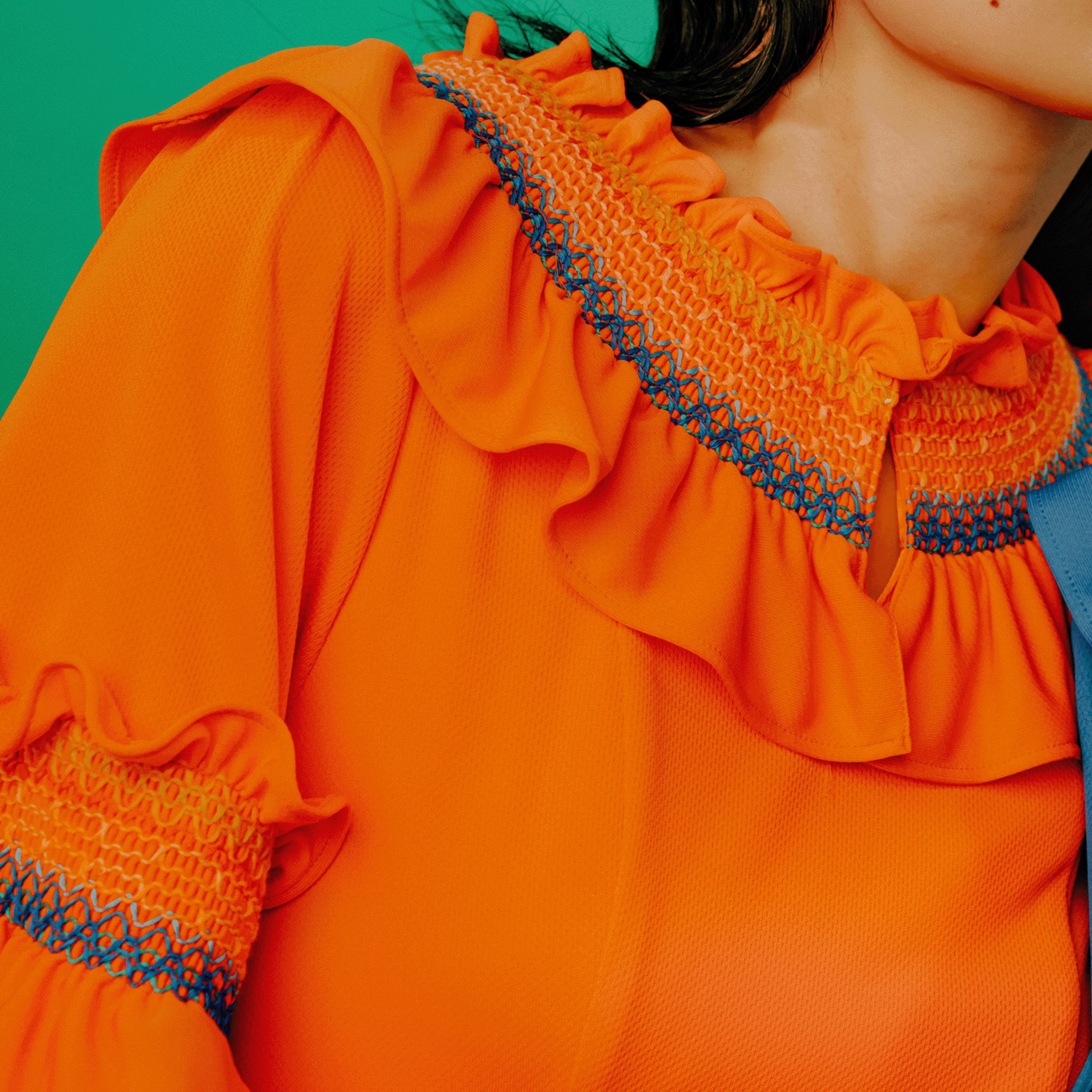 Smocked embroidered jersey dress Orange