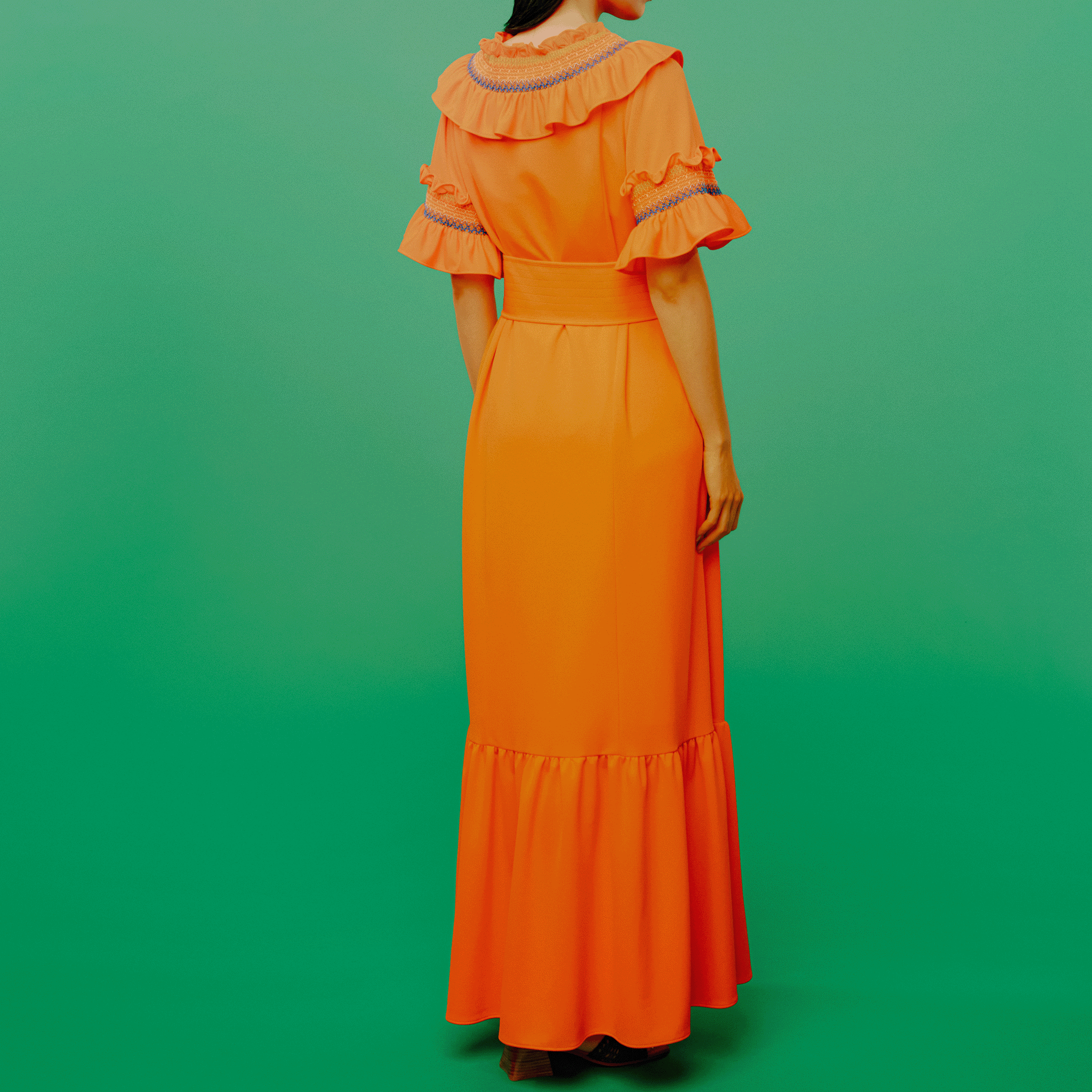 Smocked embroidered jersey dress Orange