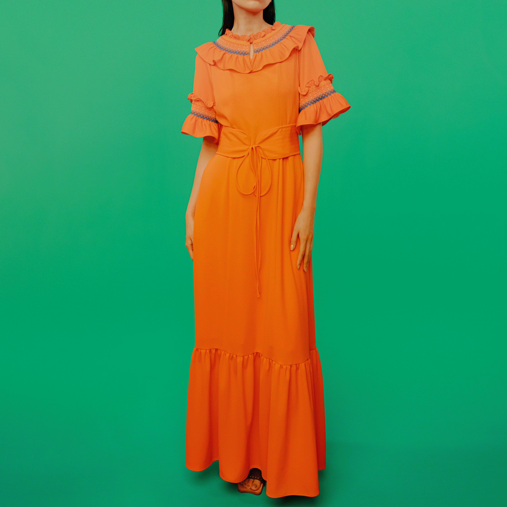 Smocked embroidered jersey dress Orange