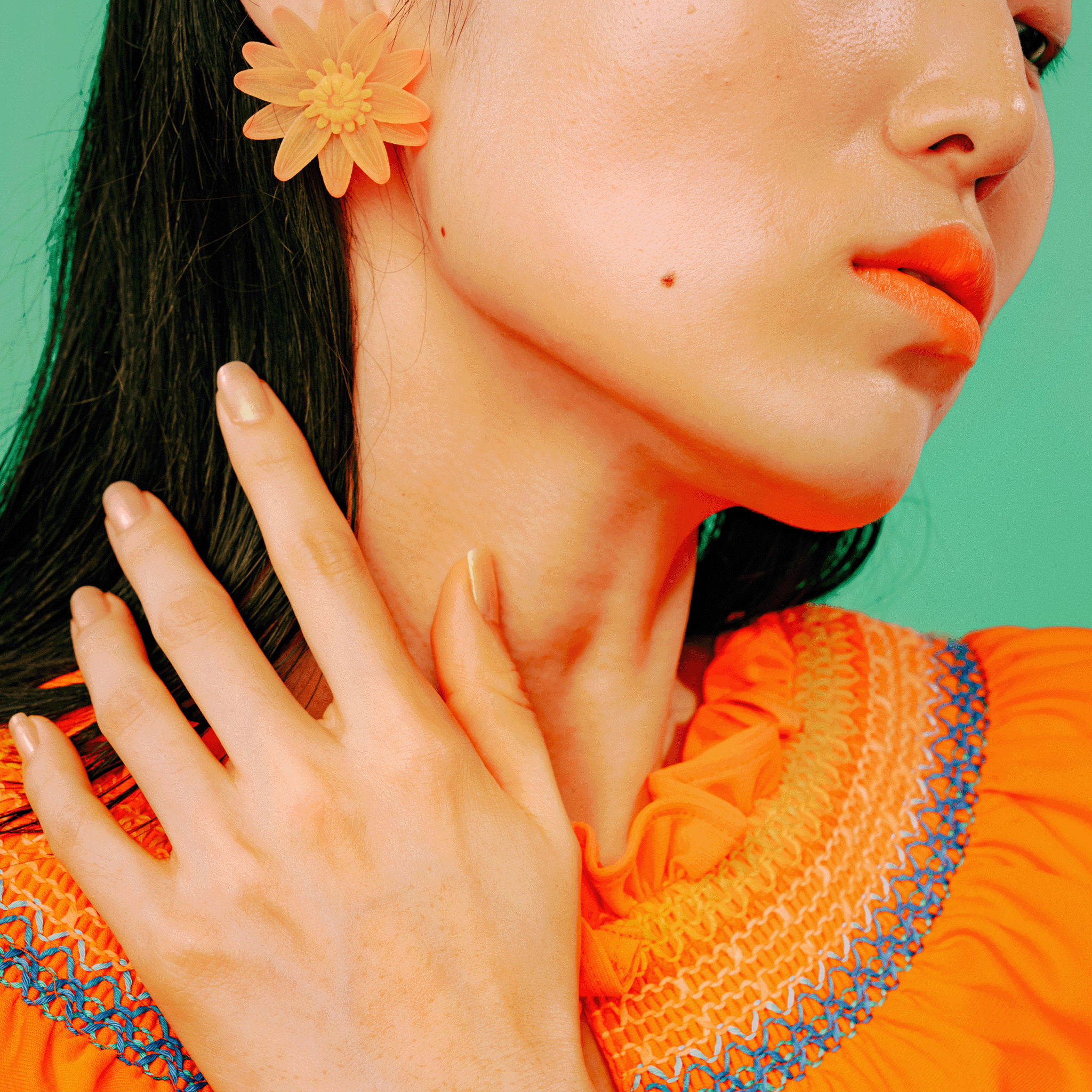 Smocked embroidered jersey dress Orange