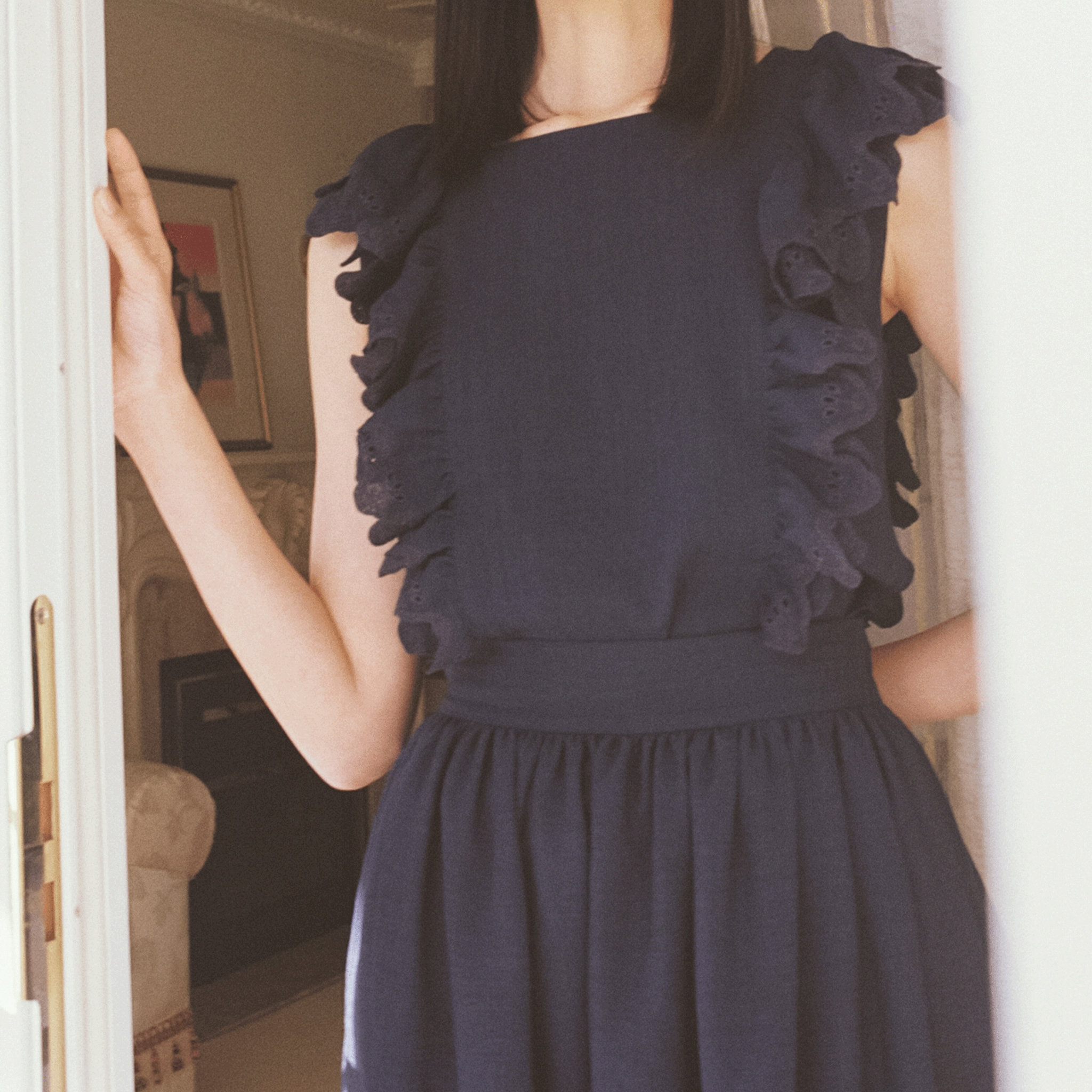 Wave eyelet embroidery frill blouse