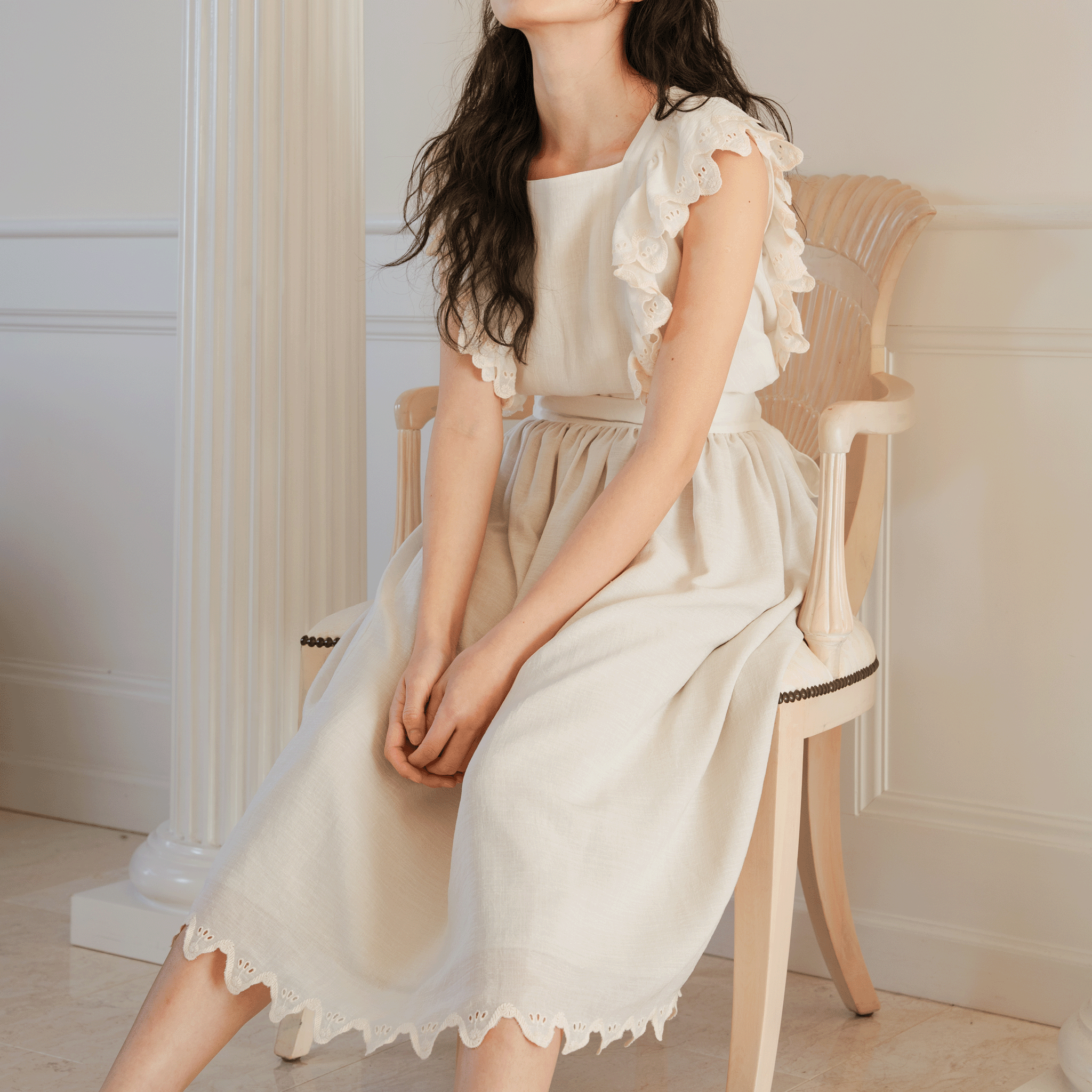Wave eyelet embroidery frill blouse White