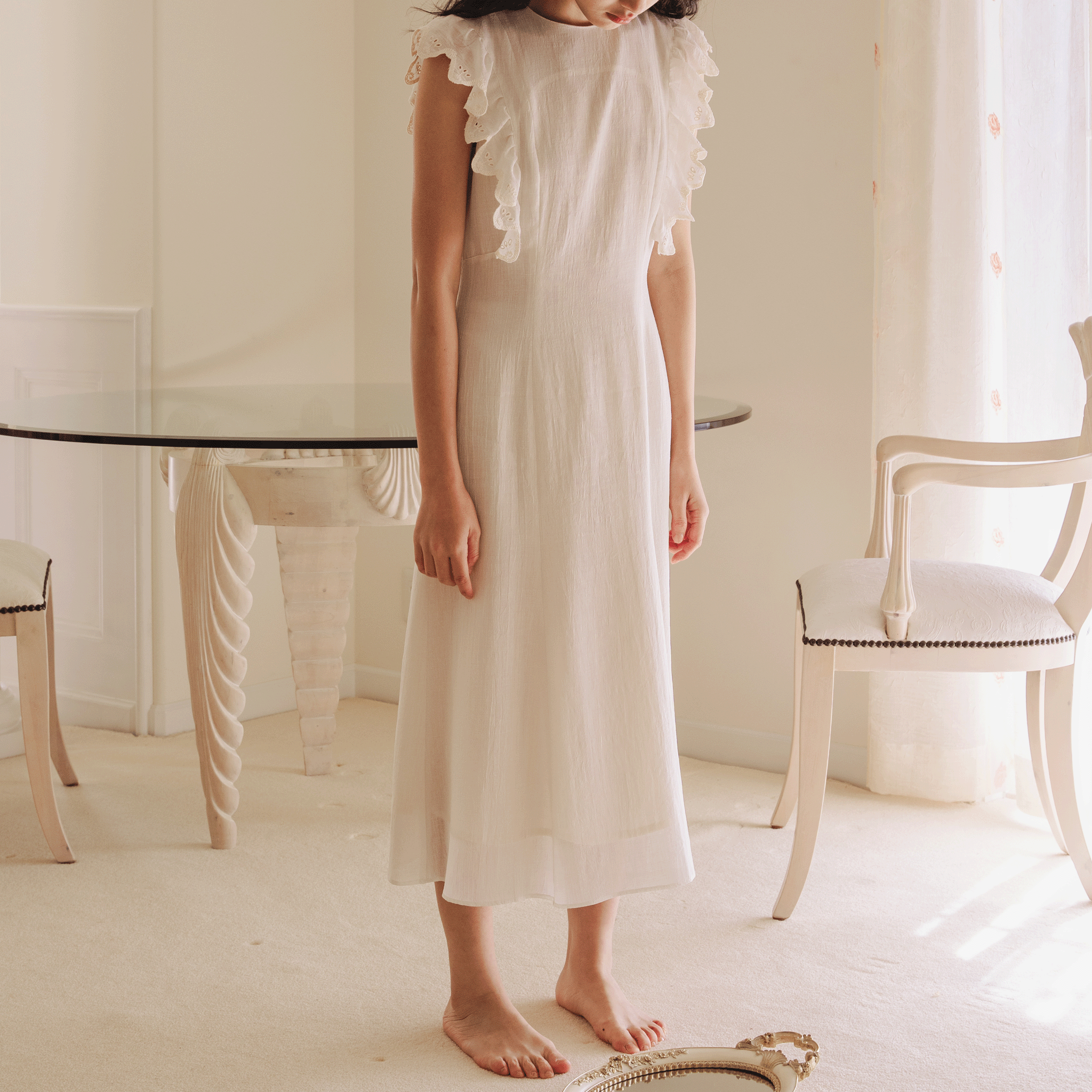 Wave eyelet embroidery frill mermaid midi dress