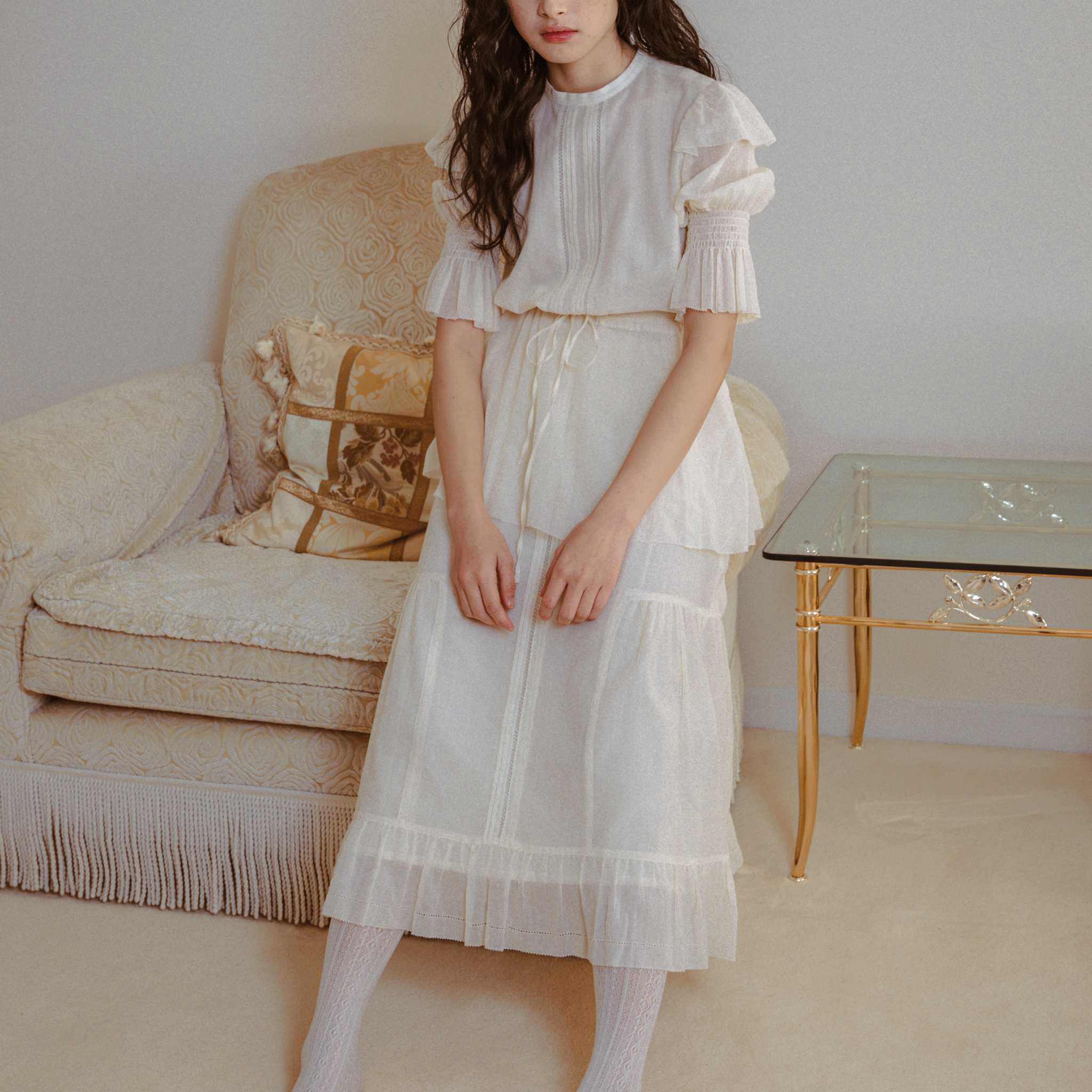 2-Way tuck frill high waist skirt White