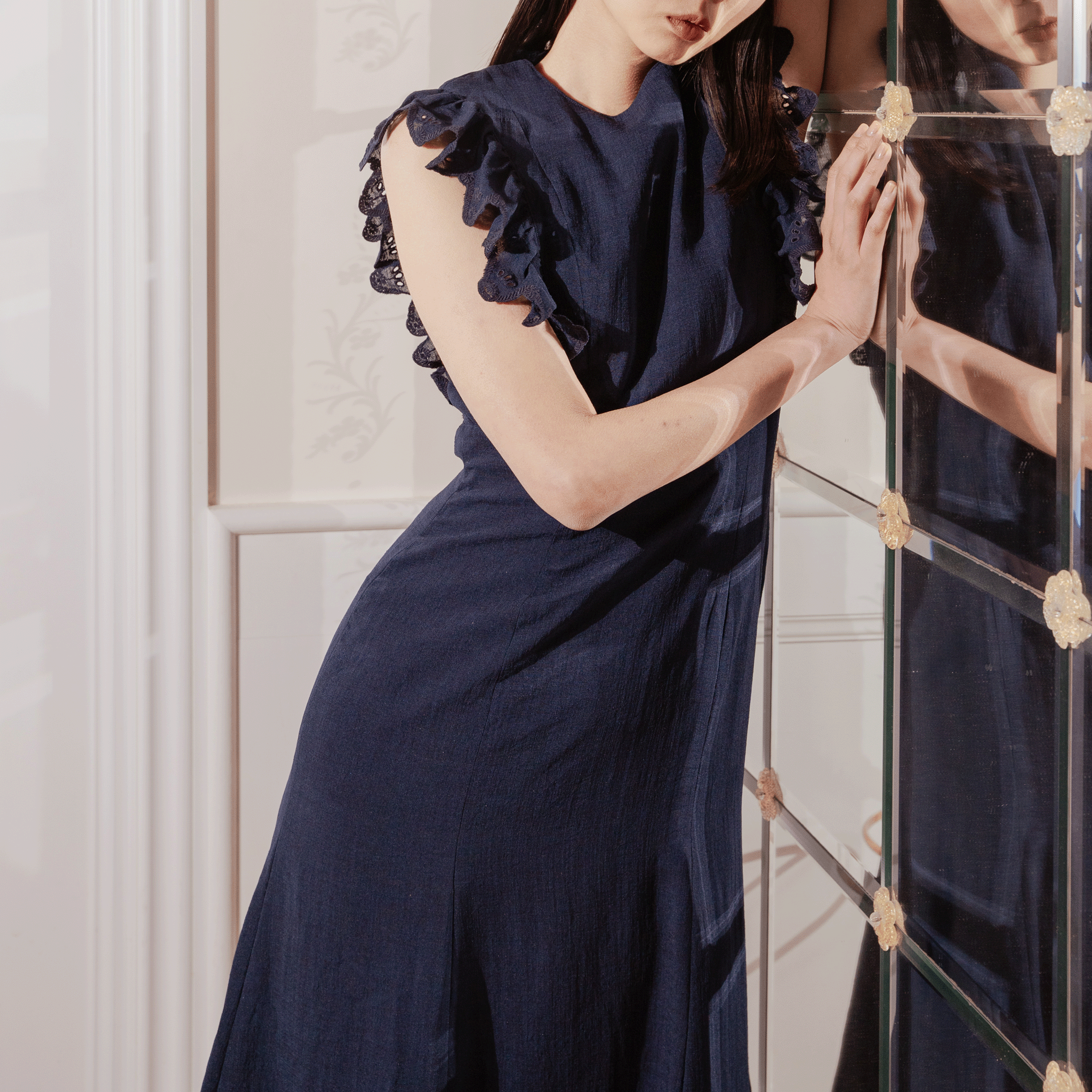Wave eyelet embroidery frill mermaid midi dress