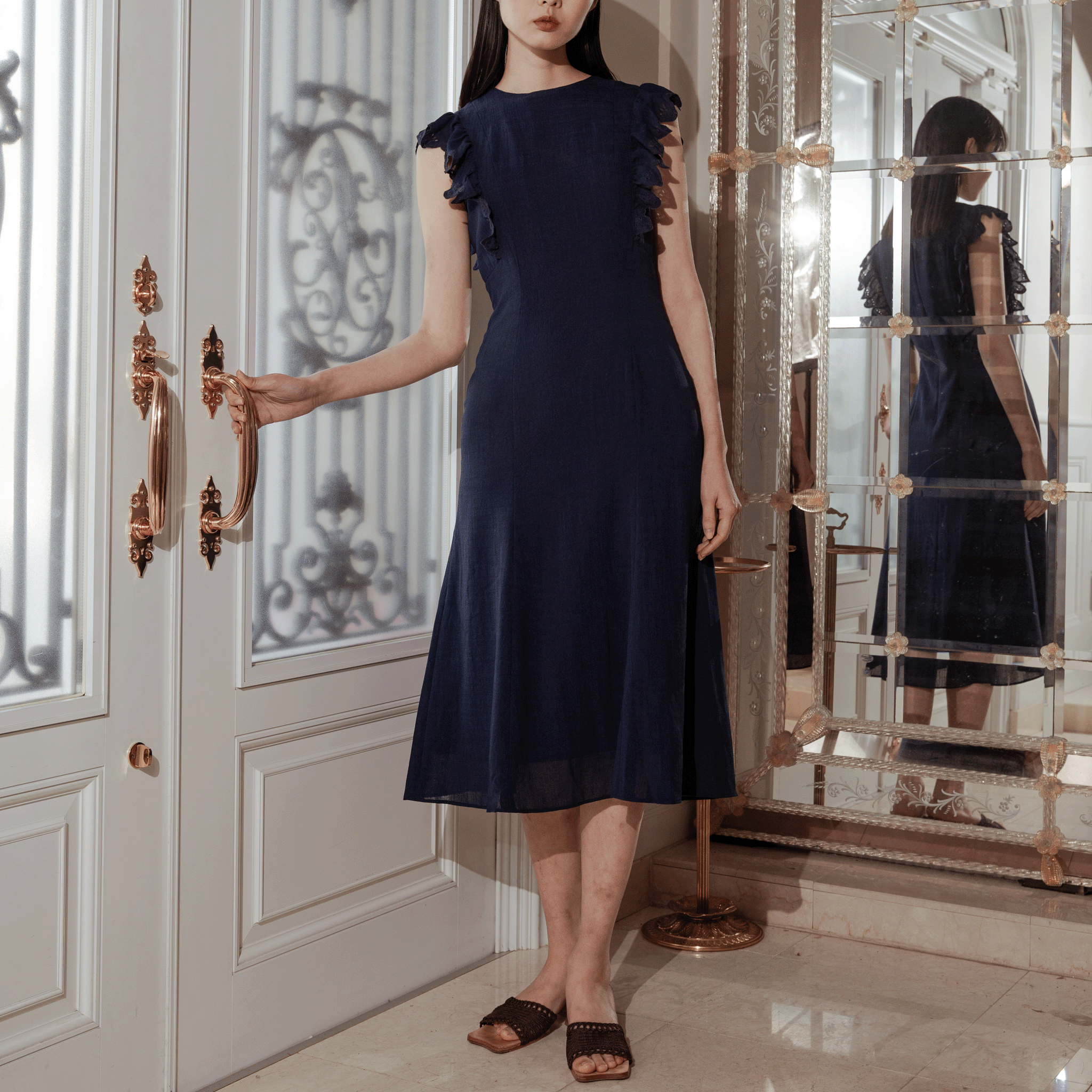 Wave eyelet embroidery frill mermaid midi dress