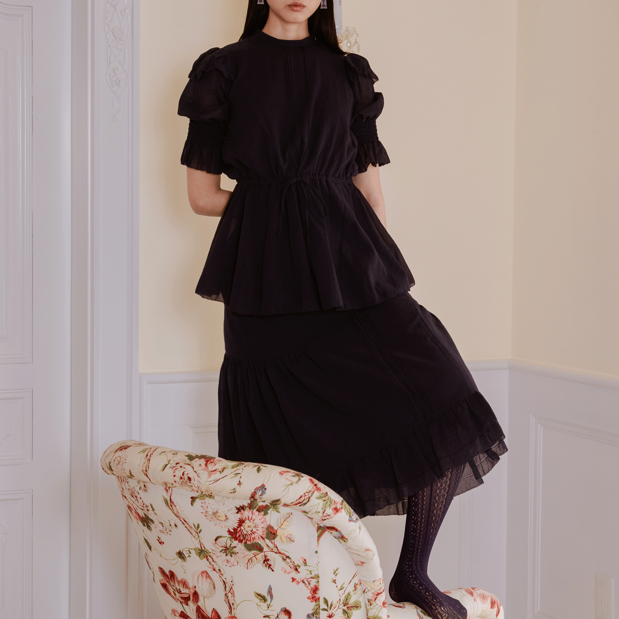 2-Way tuck frill high waist skirt Navy