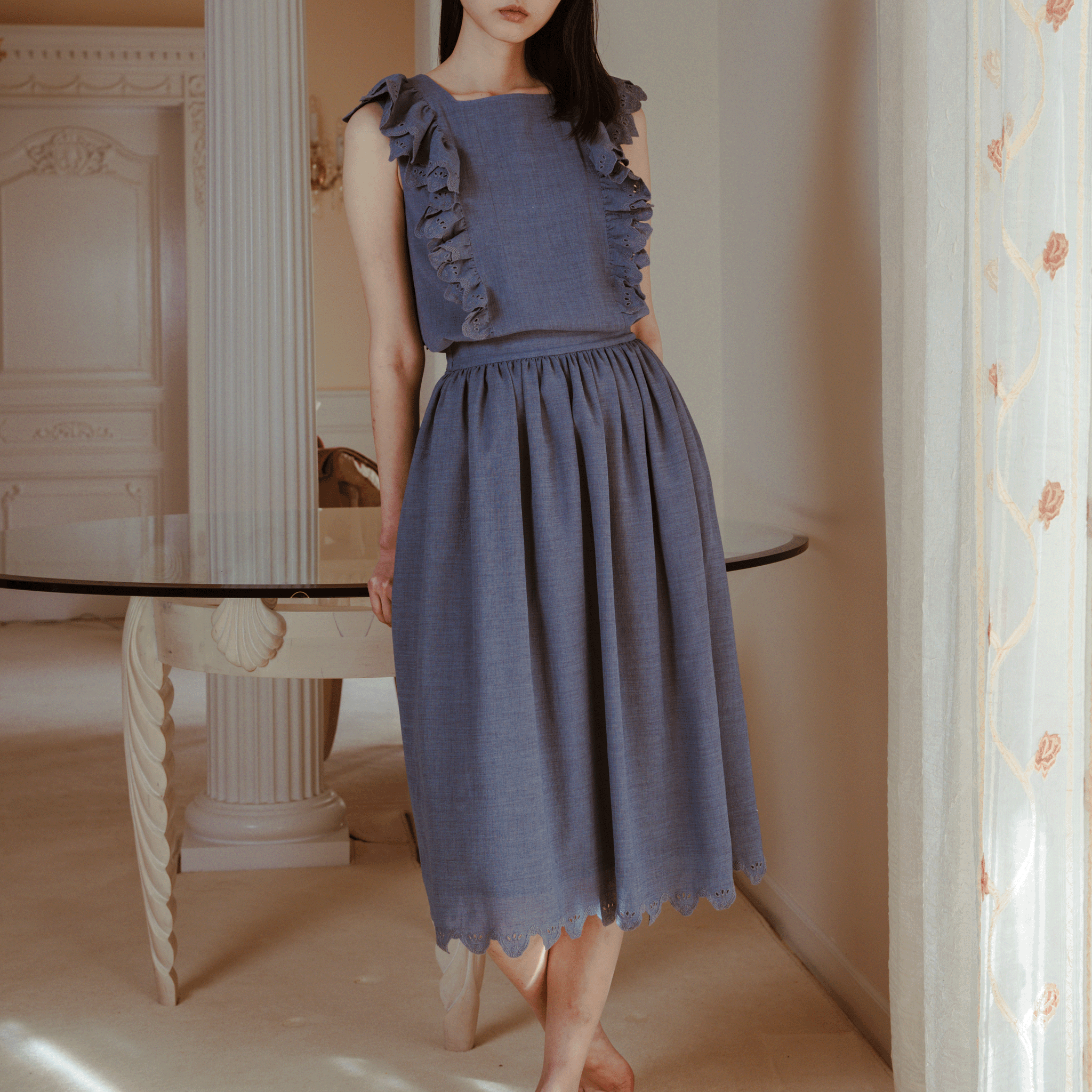 Wave eyelet embroidery gathered skirt Blue