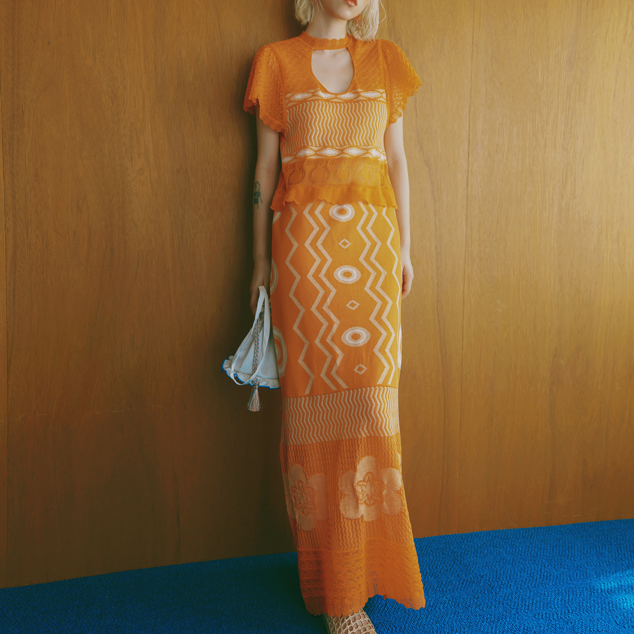 Wave-pattern lamé knitted dress Orange【4月発売予定】