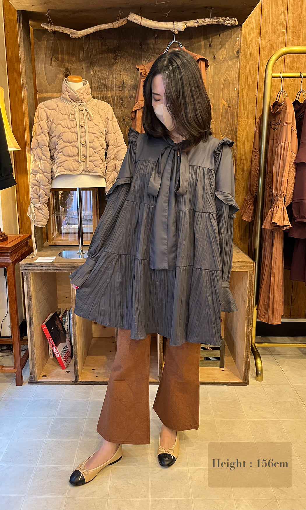 Ribbon tie crinkled mini dress Charcoal Gray