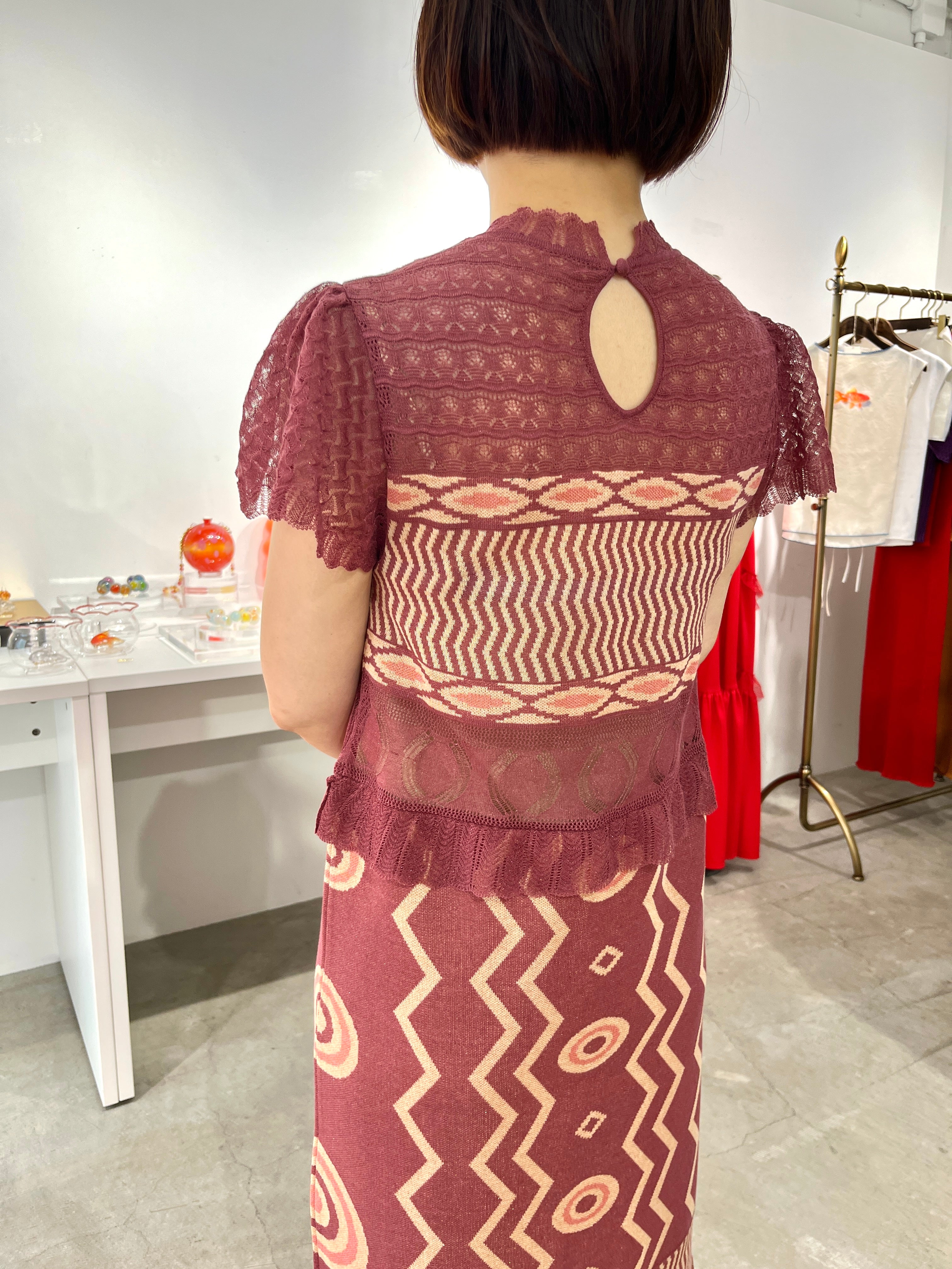 Wave-pattern lamé knitted dress Purple【4月発売予定】