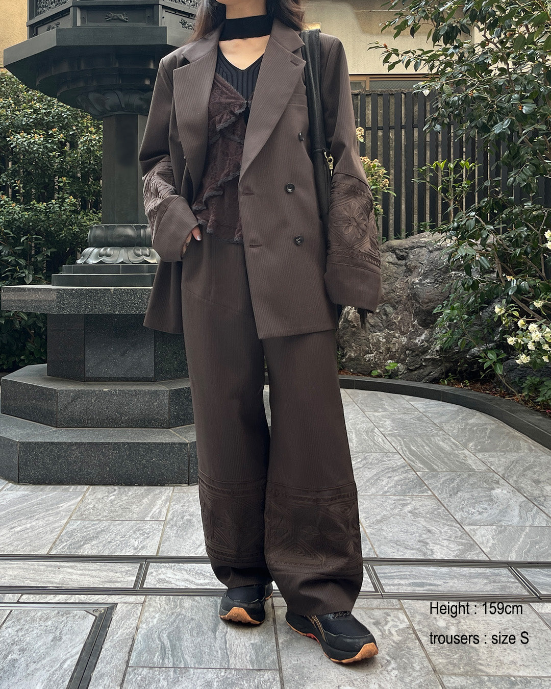 KIKU embroidered wide-leg wool suit trousers Dark brown【予約販売:2026年9月~10月発送予定】