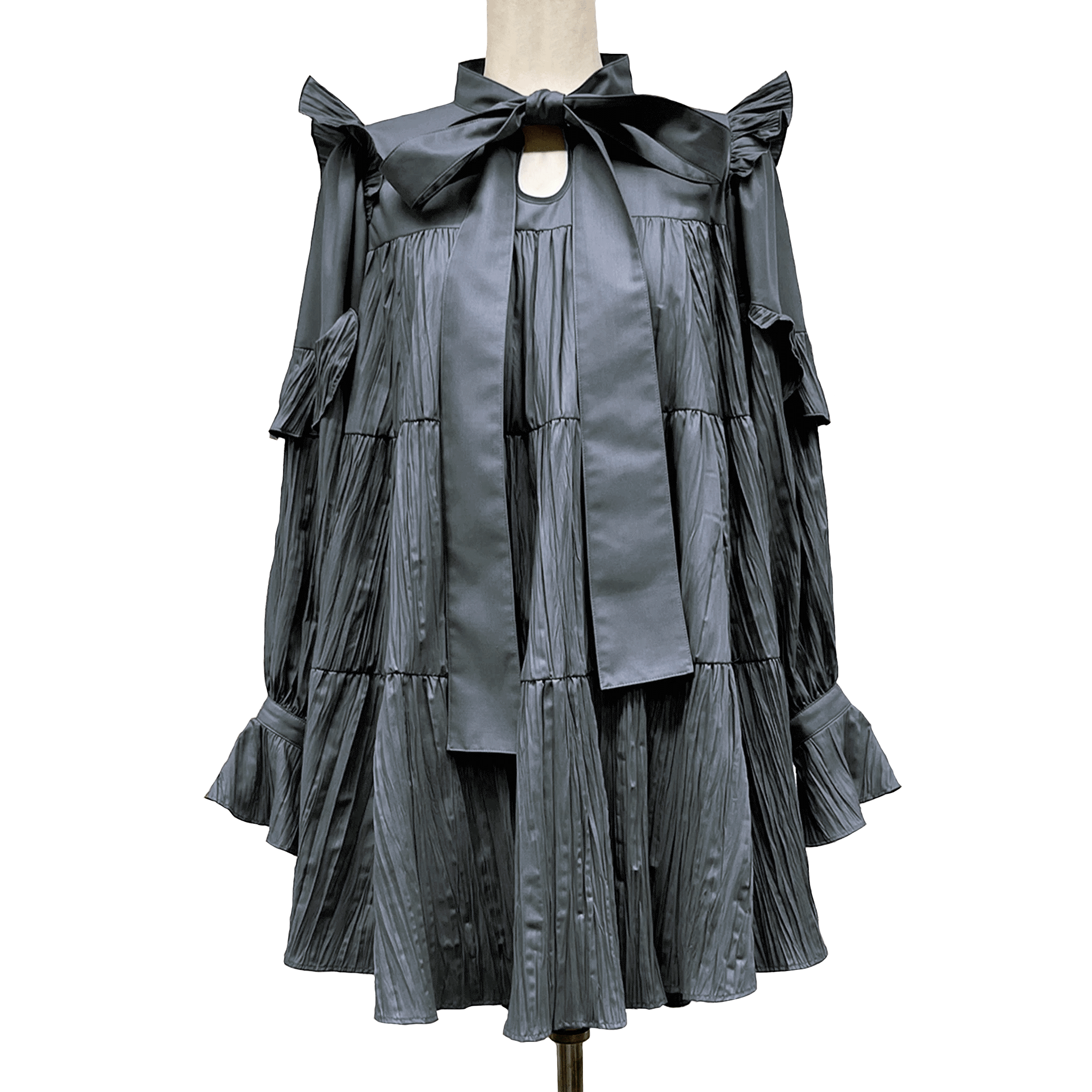Ribbon tie crinkled mini dress Charcoal Gray