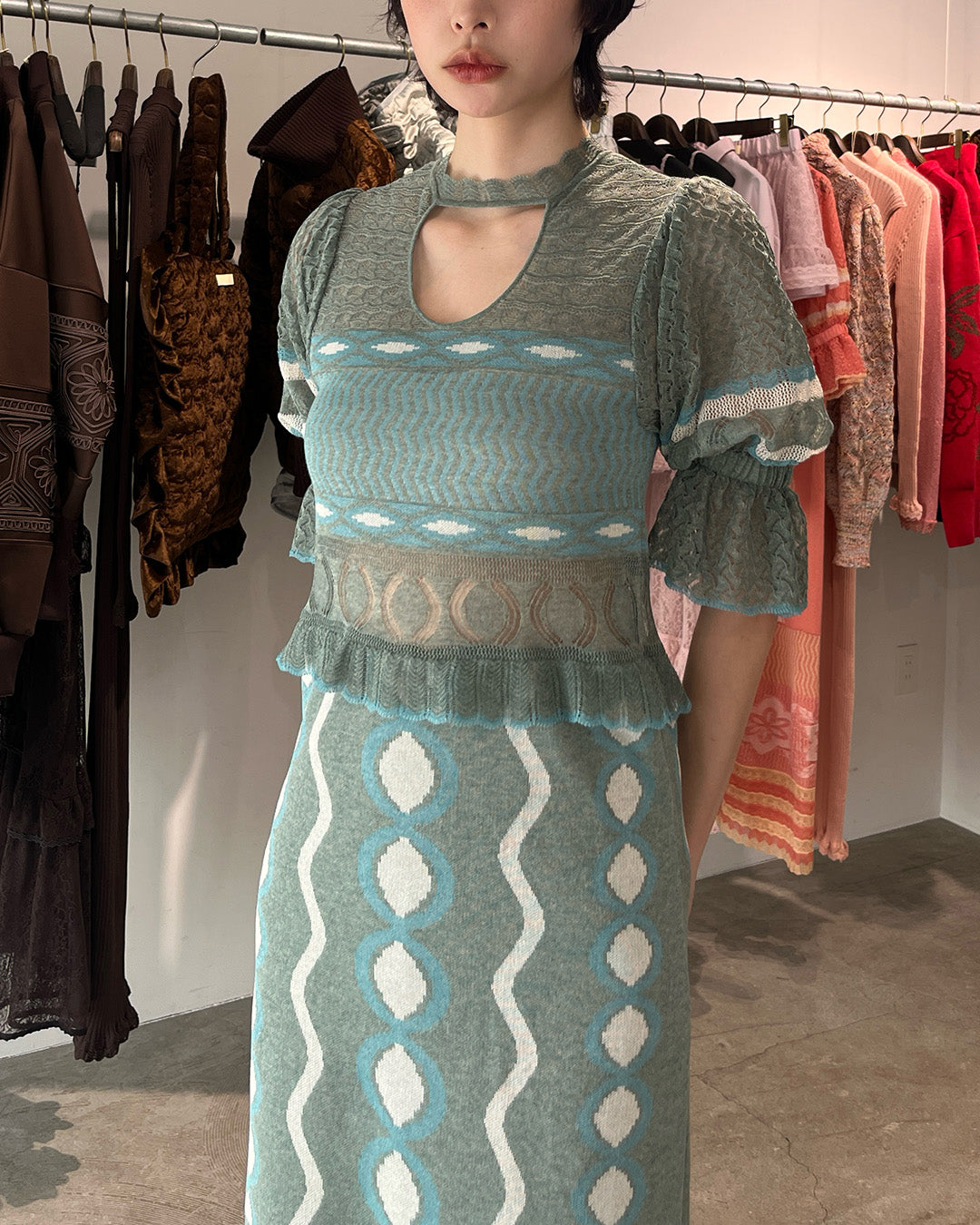 Sazanka wave-pattern lamé knitted dress Mint green【予約販売:2026年9月~10月発送予定】