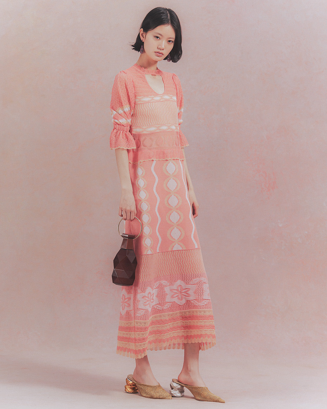 Sazanka wave-pattern lamé knitted dress Pink【予約販売:2026年9月~10月発送予定】