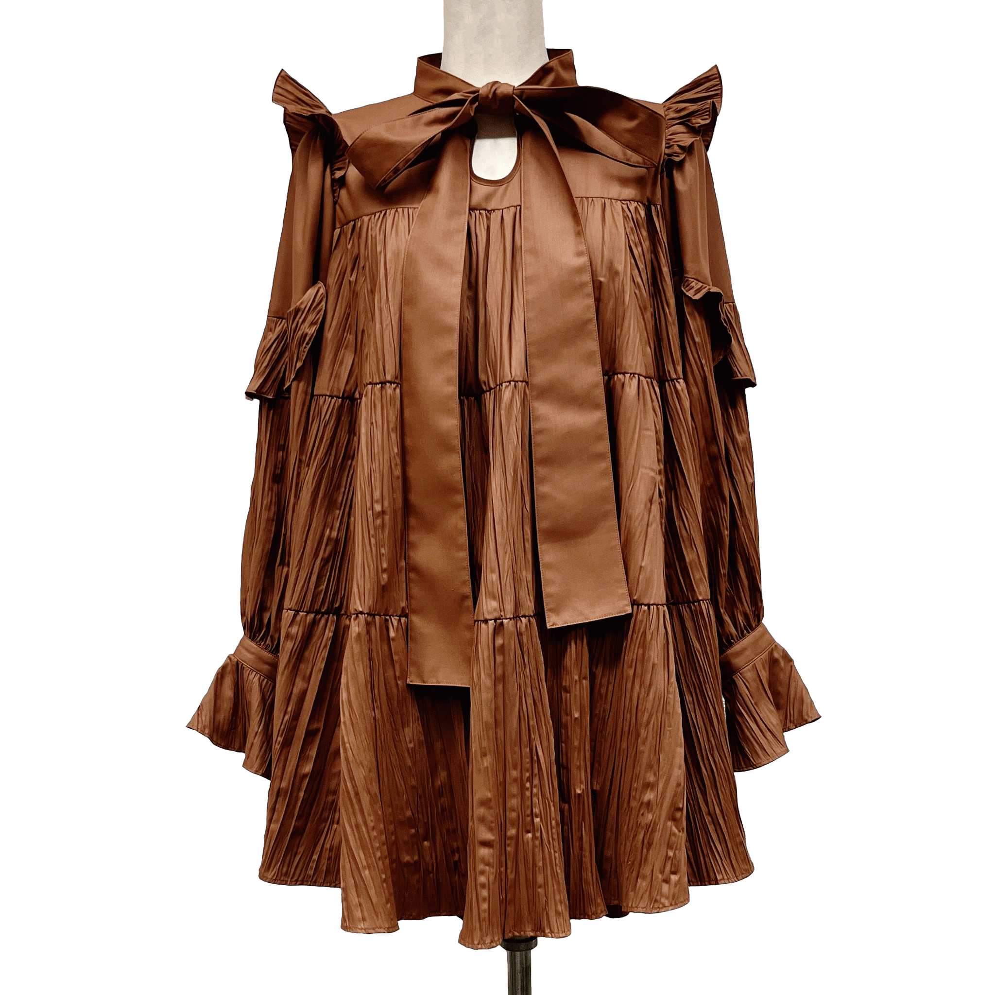 Ribbon tie crinkled mini dress Brown