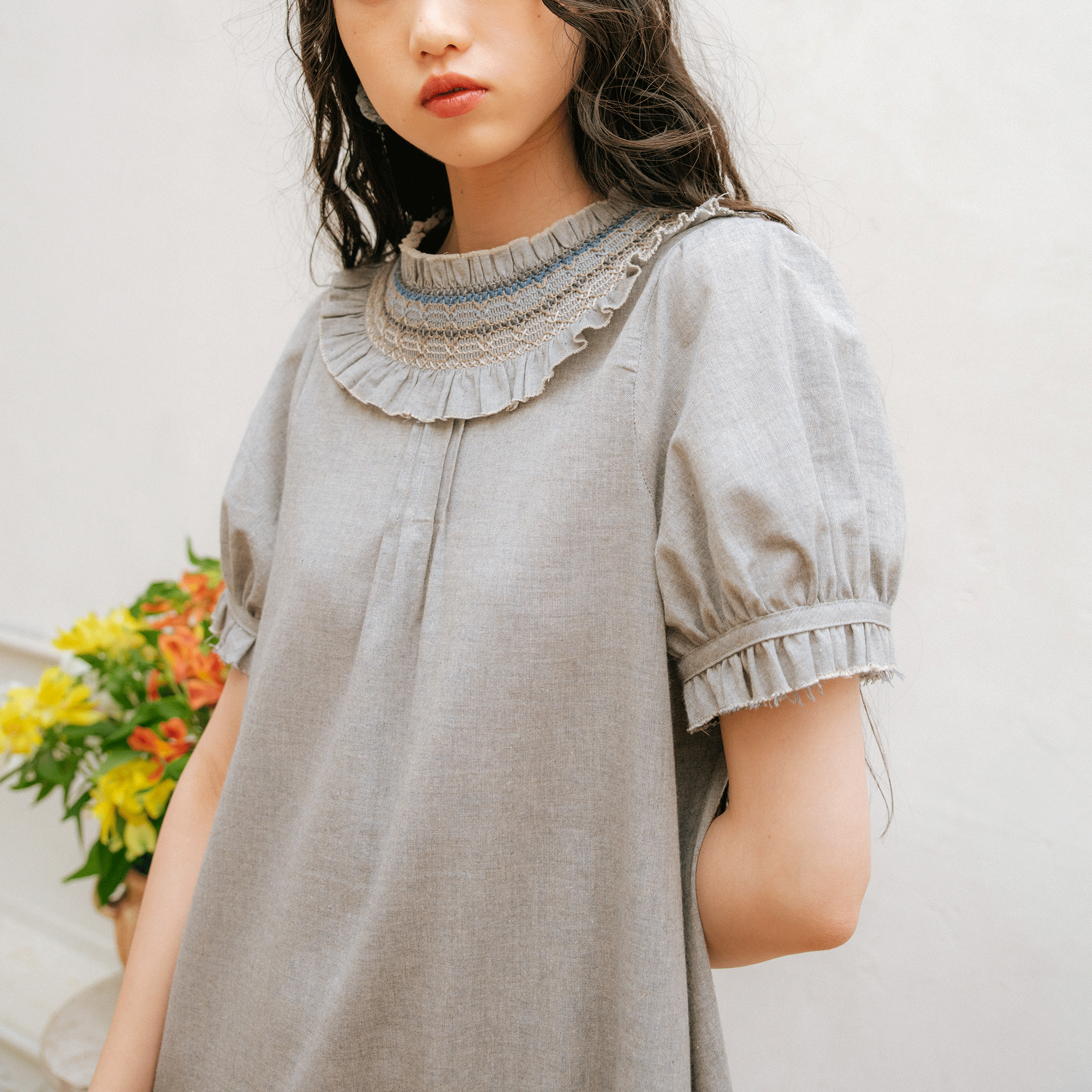 Organic cotton smocking summer maxi dress Blue