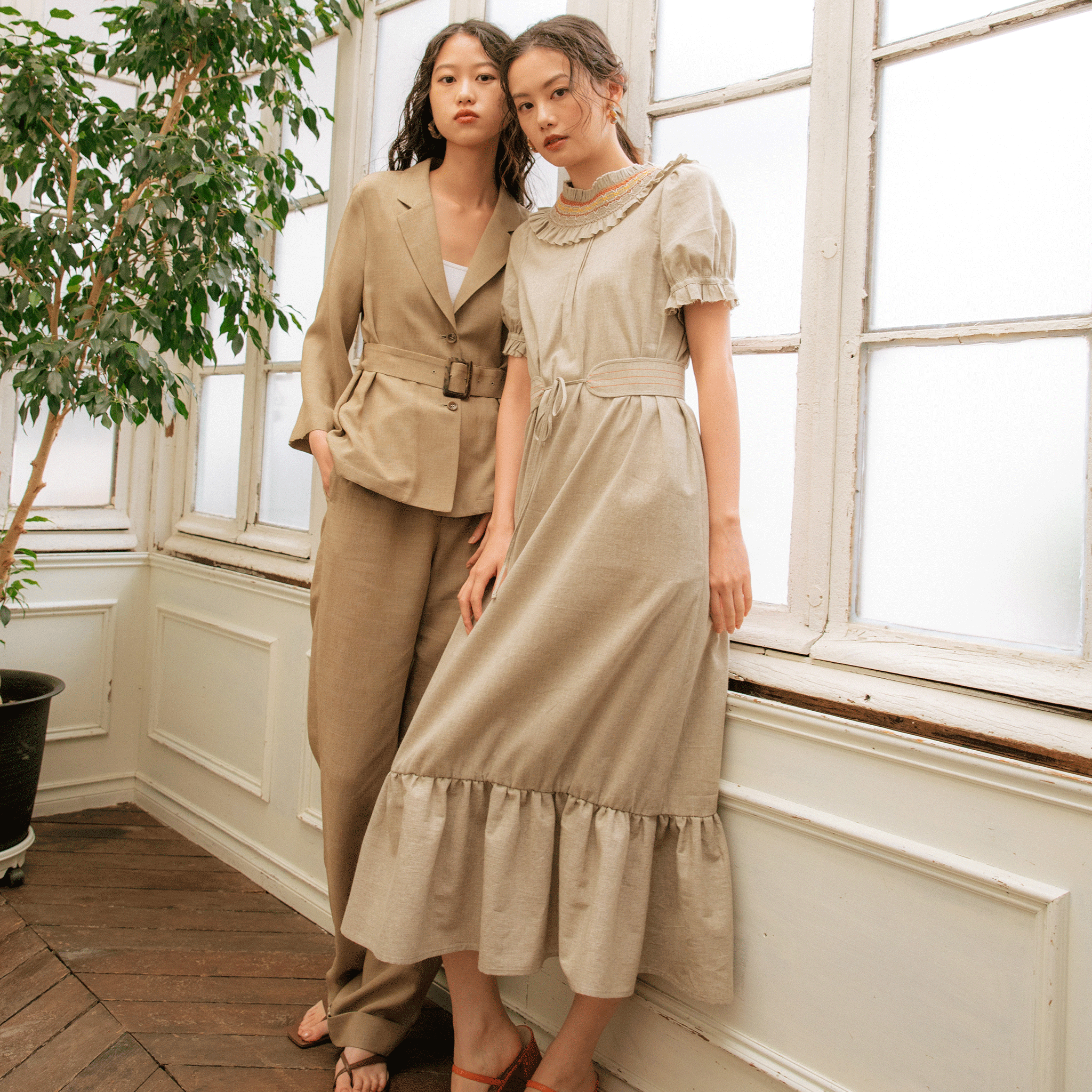 Organic cotton smocking summer maxi dress Beige