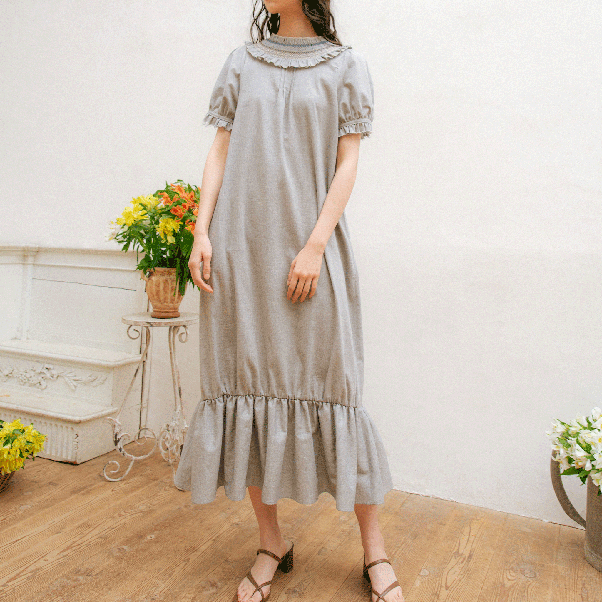 Organic cotton smocking summer maxi dress Blue