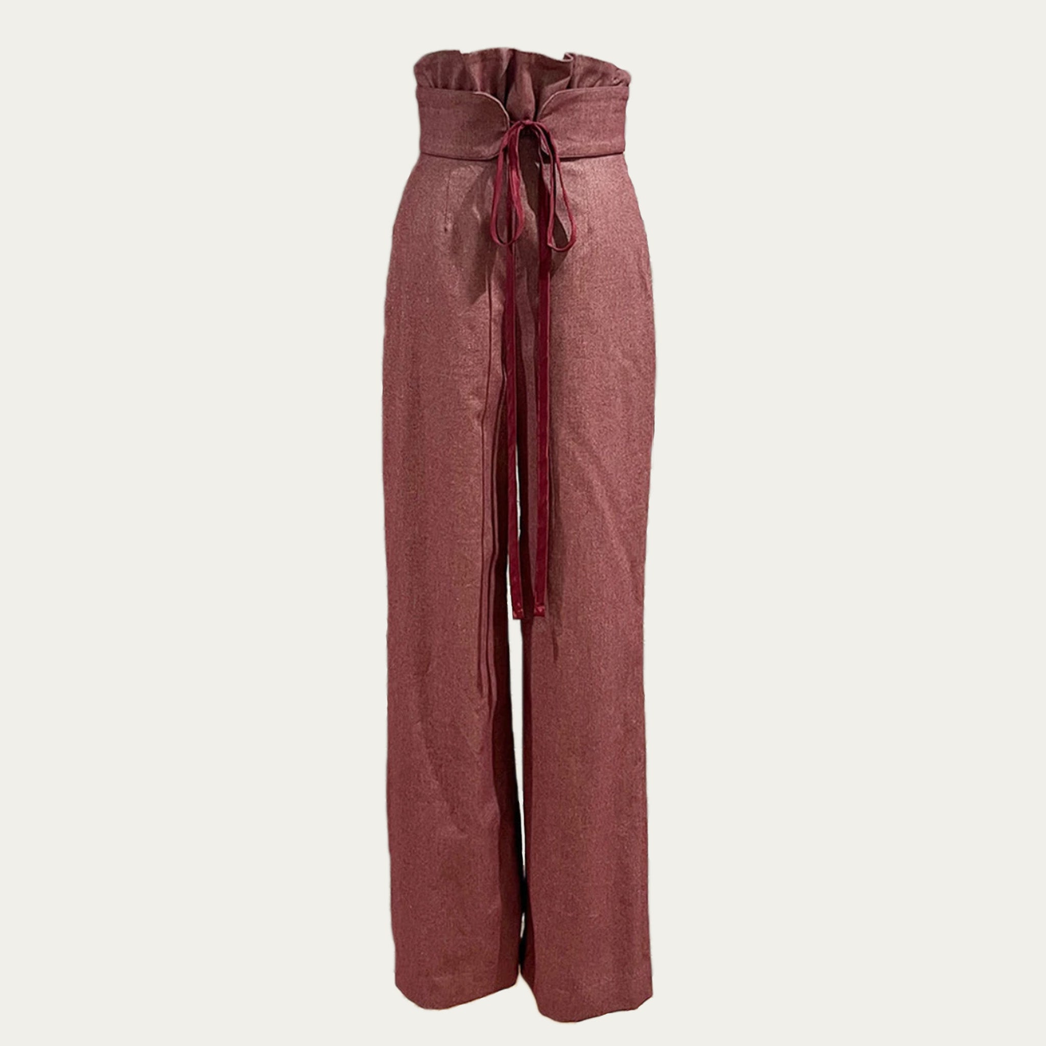 Frill waist belt wool like straight-leg pants Bordeaux