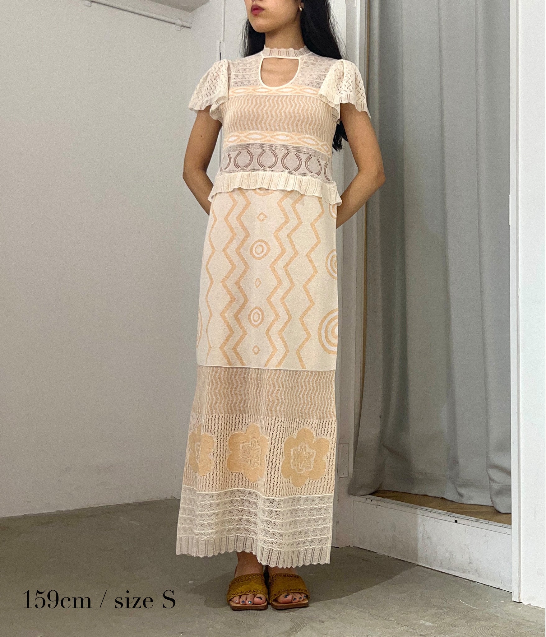 Wave-pattern lamé knitted dress White