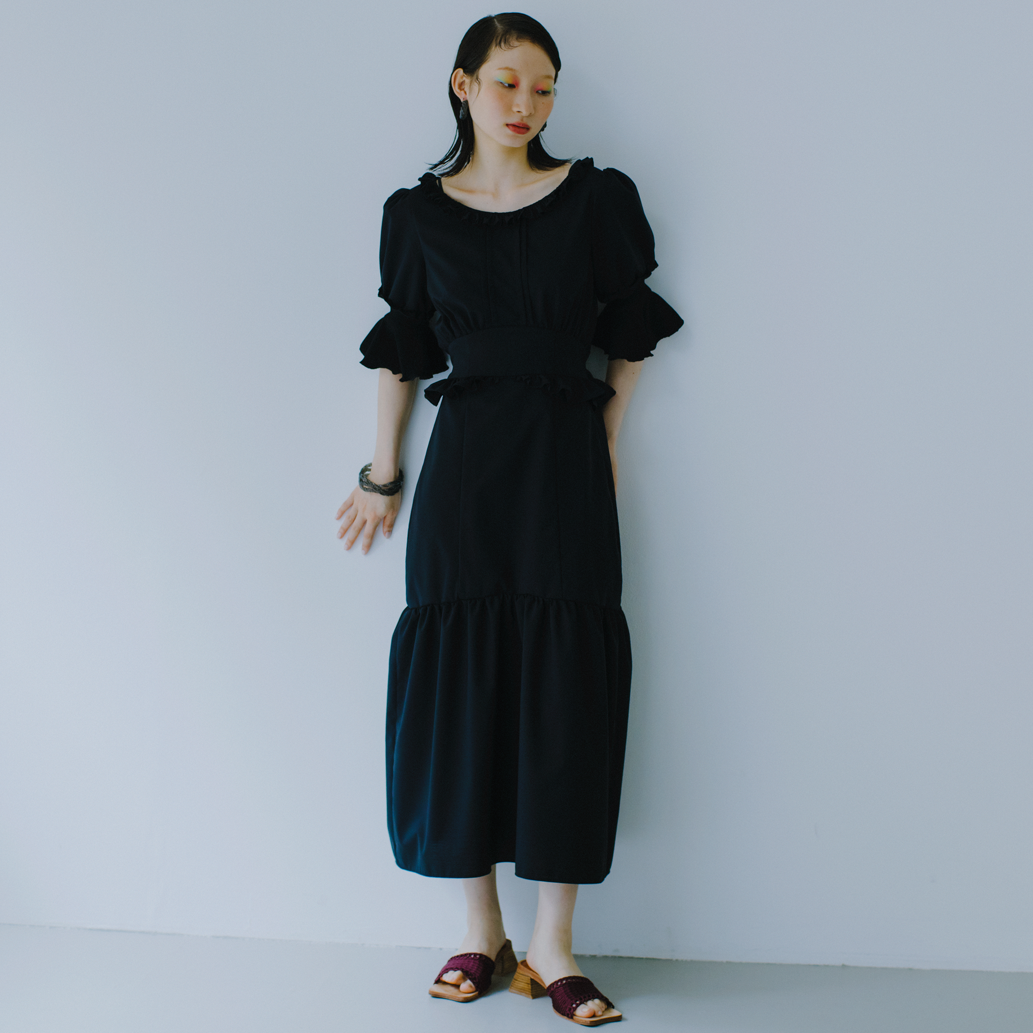RIB FRILL MIDI DRESS