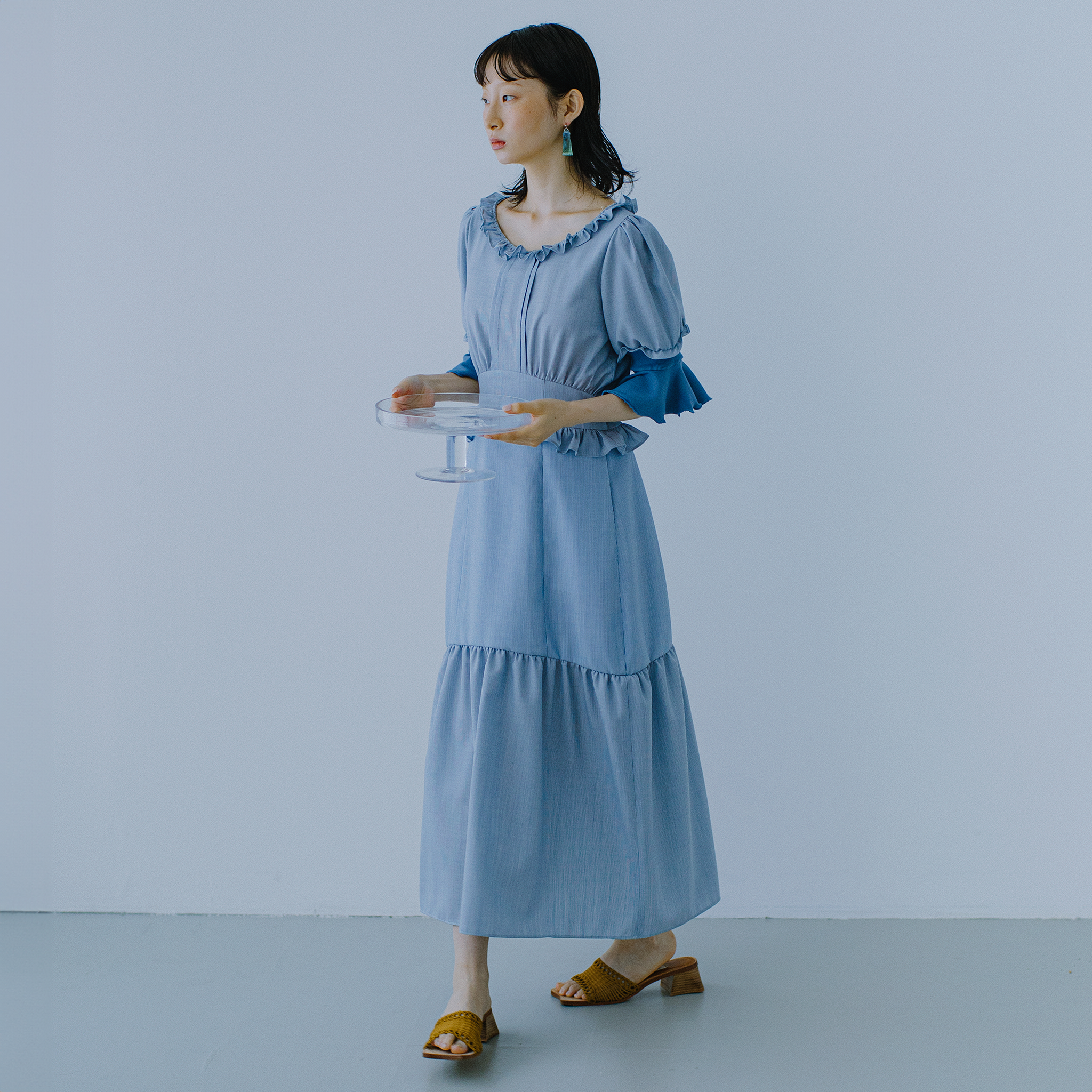 RIB FRILL MIDI DRESS
