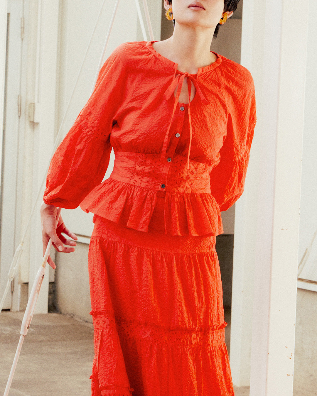 Cotton Waist Belt Blouse Red [PRE-ORDER]