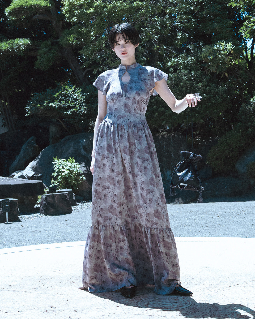 Floral Print High-Collar Dress Gray [PRE-ORDER]