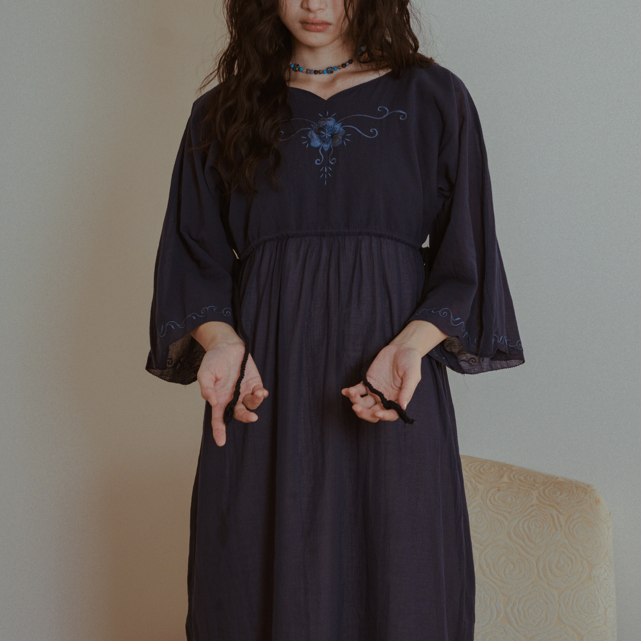 Alstroemeria embroidery tunic maxi dress