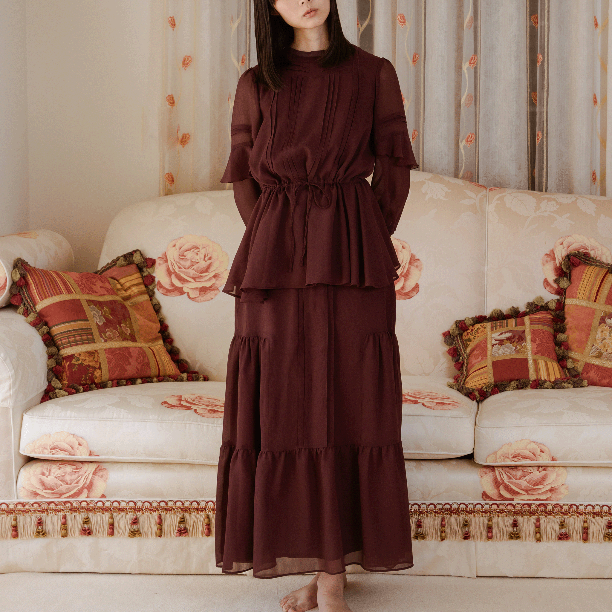 2-Way crinkle tuck ruffle high waist maxi skirt