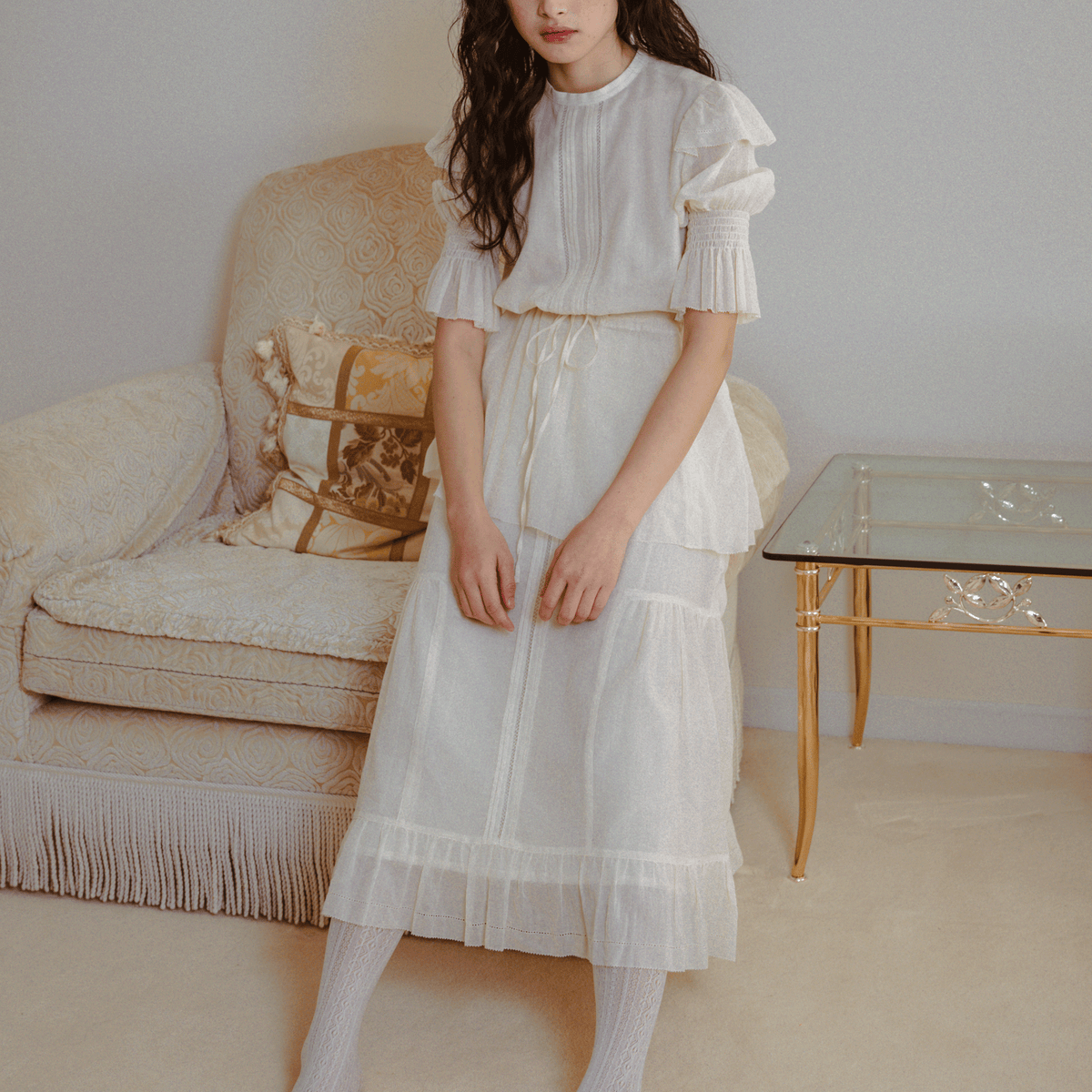 スカート ritsu 2-Way tuck frill high waist skirt 2-Way tuck frill high waist skirt White