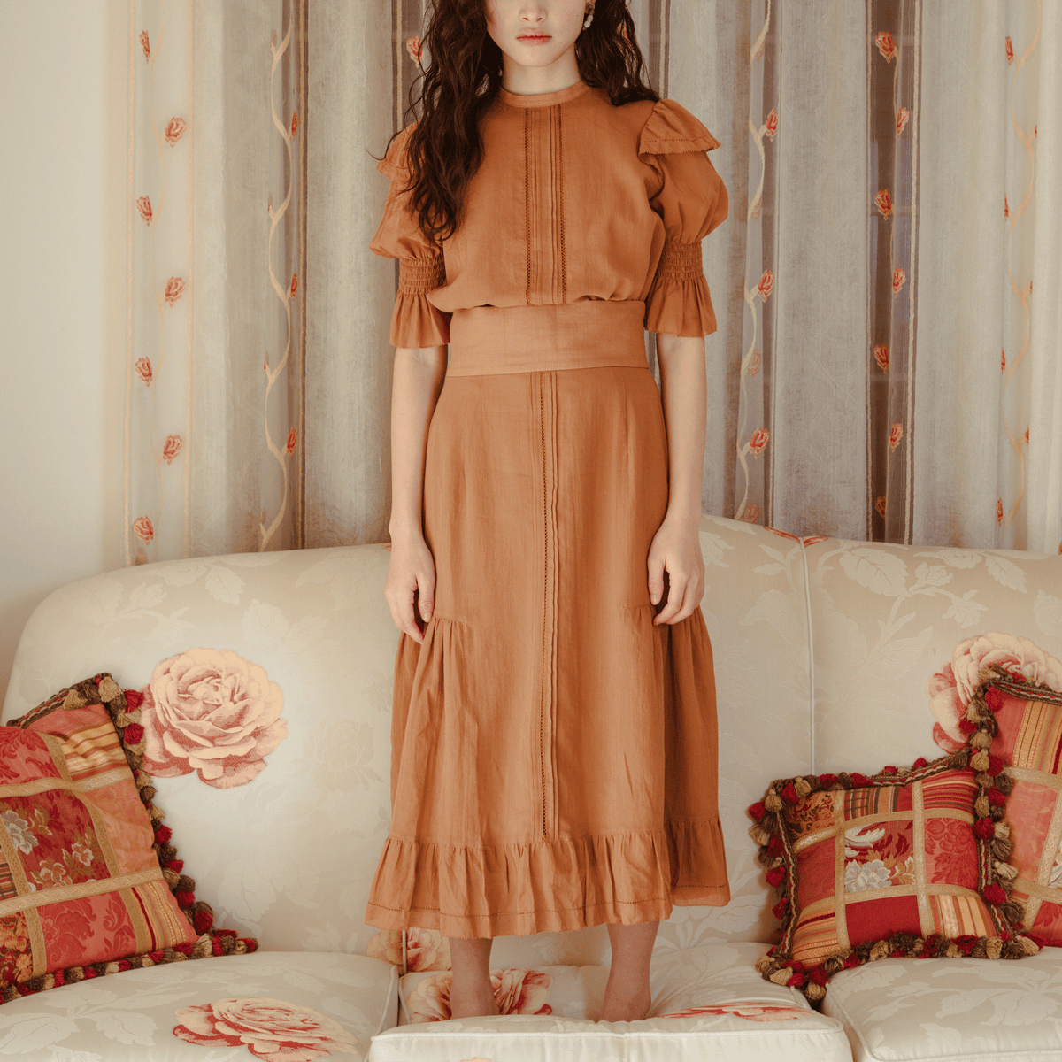 スカート ritsu 2-Way tuck frill high waist skirt 2-Way tuck frill high waist skirt Brown