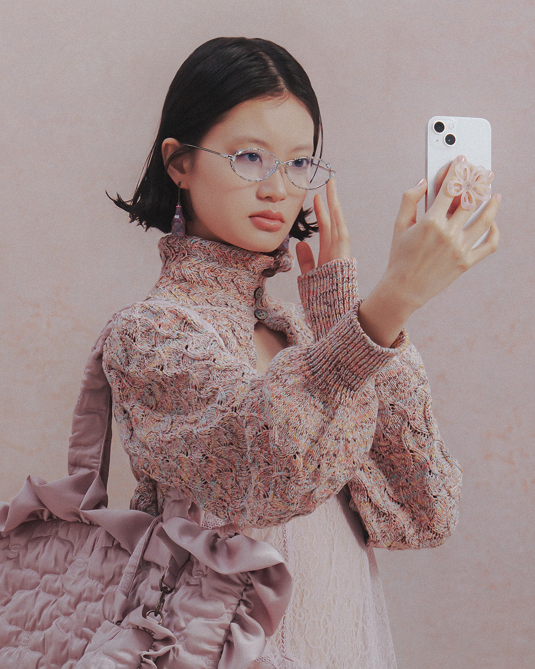 Cropped wavy knit cardigan Marble pink【予約販売：2026年9月～10月発送予定】