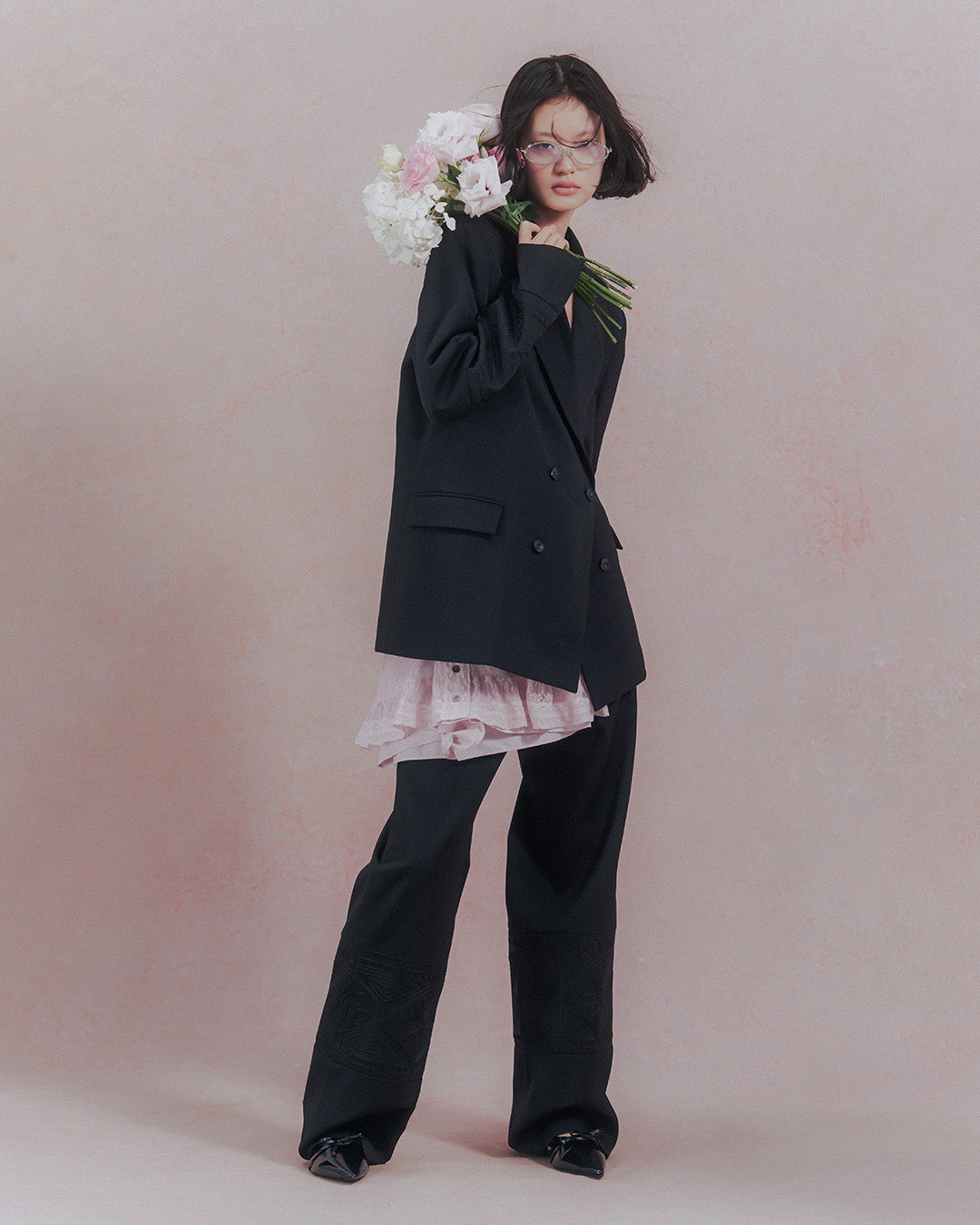 KIKU embroidered double-breasted wool jacket Black【予約販売：2026年9月～10月発送予定】