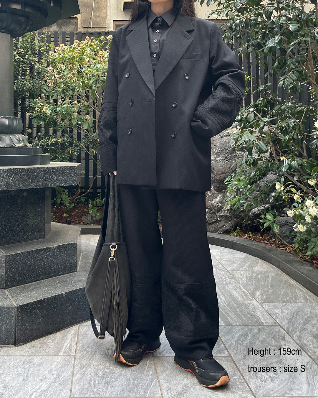 KIKU embroidered wide-leg wool suit trousers Black【予約販売：2026年9月～10月発送予定】