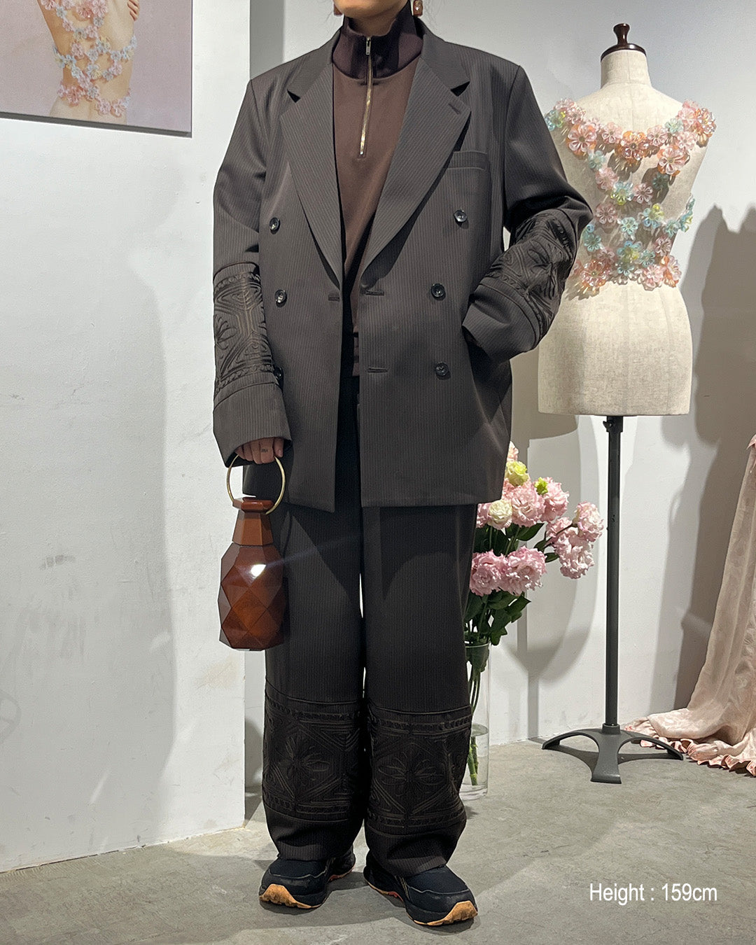 KIKU embroidered wide-leg wool suit trousers Dark brown【予約販売：2026年9月～10月発送予定】