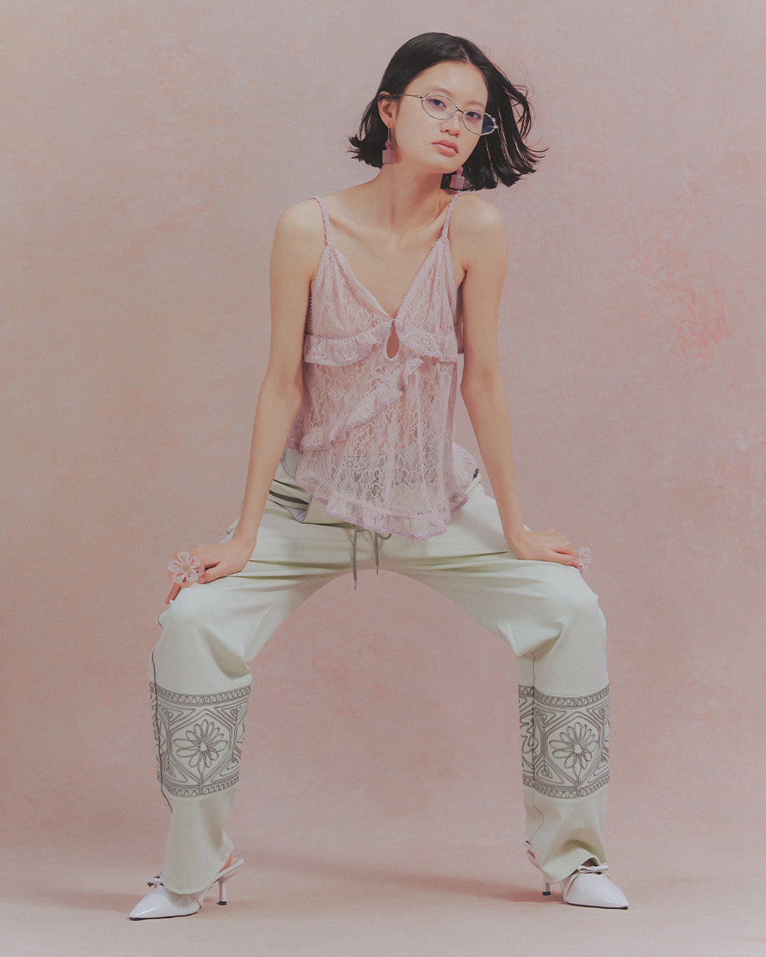 KIKU embroidered wide-leg track pants Mint green【予約販売：2026年9月～10月発送予定】