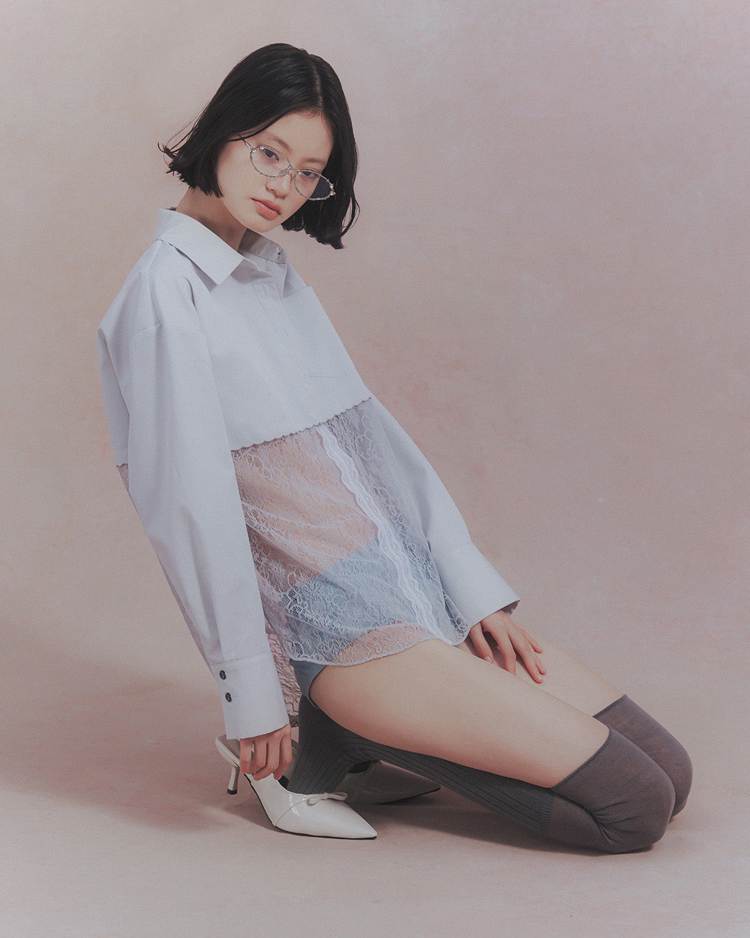 Lace-Paneled Striped Shirt Ice gray【予約販売：2026年9月～10月発送予定】