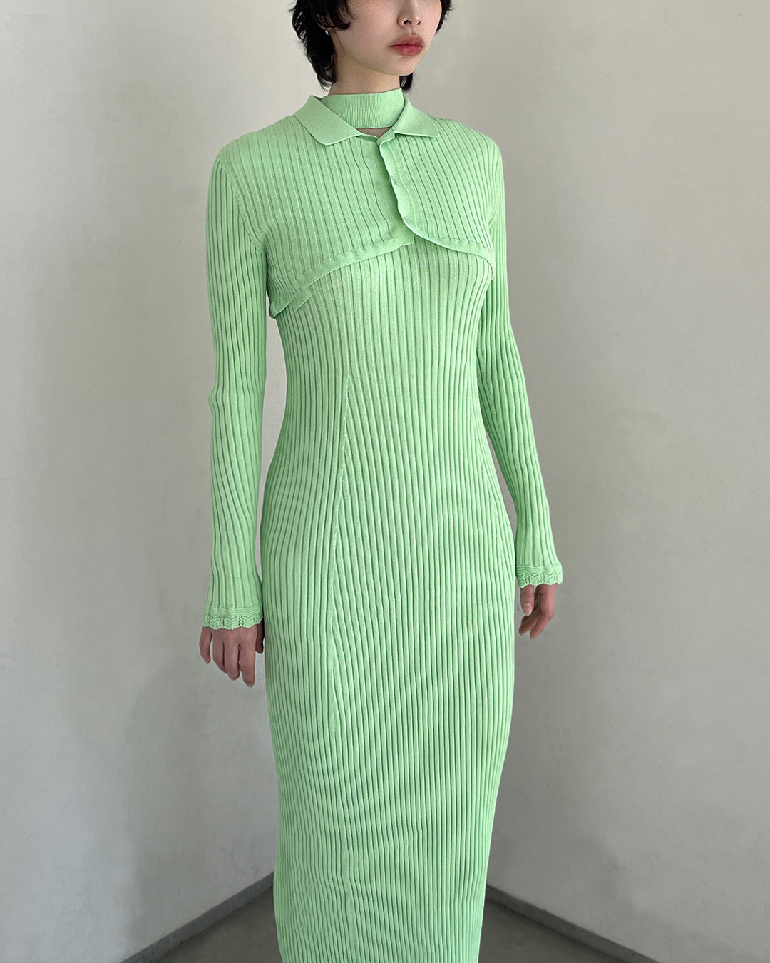 Ribbed polo bolero knit dress set Light green【予約販売：2026年9月～10月発送予定】