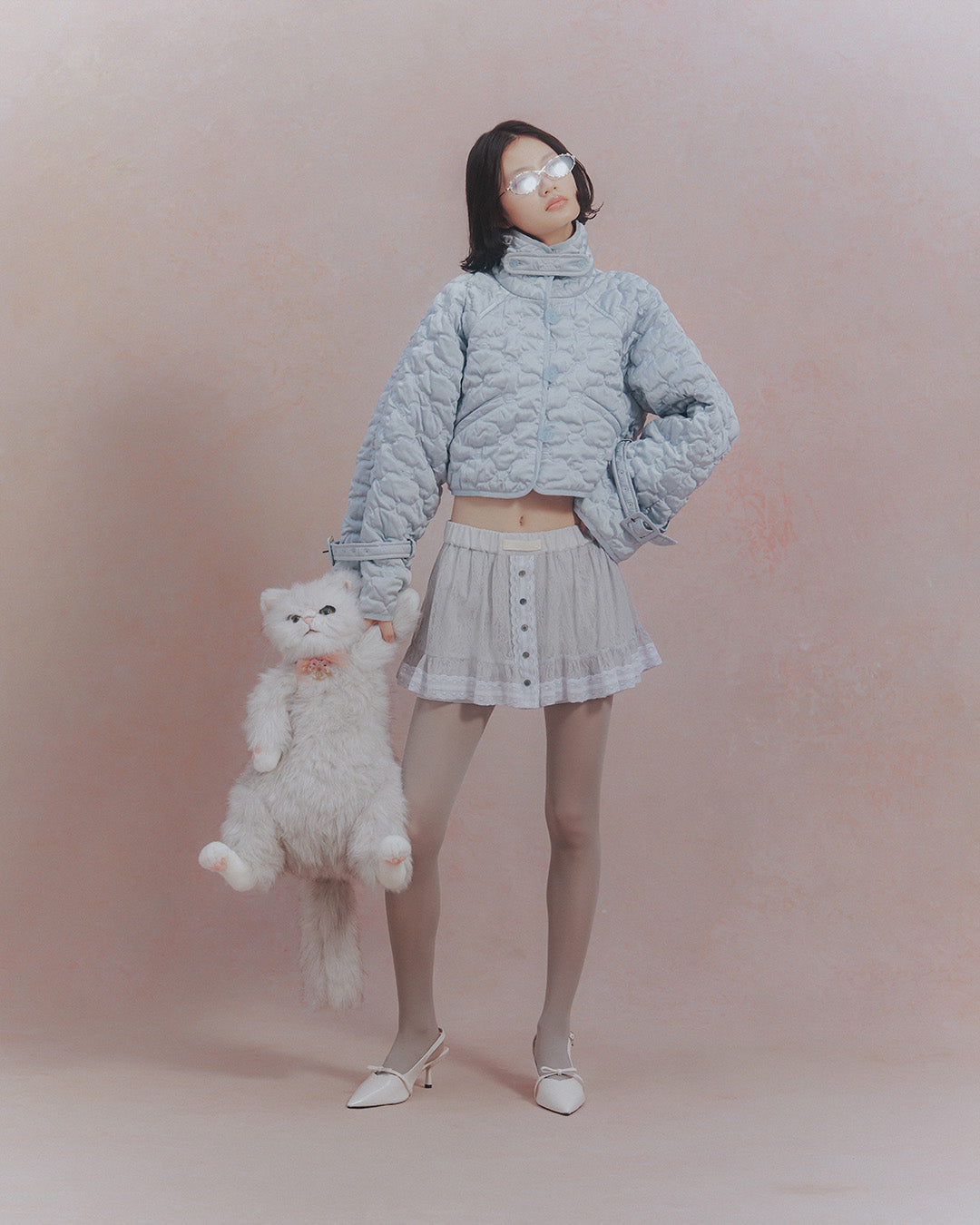Sazanka cropped quilted satin jacket Ice gray【予約販売：2026年9月～10月発送予定】