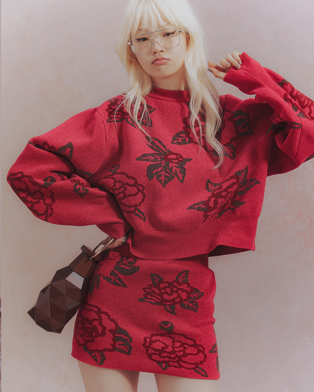 Sazanka jacquard-knit mini skirt Red【予約販売：2026年9月～10月発送予定】